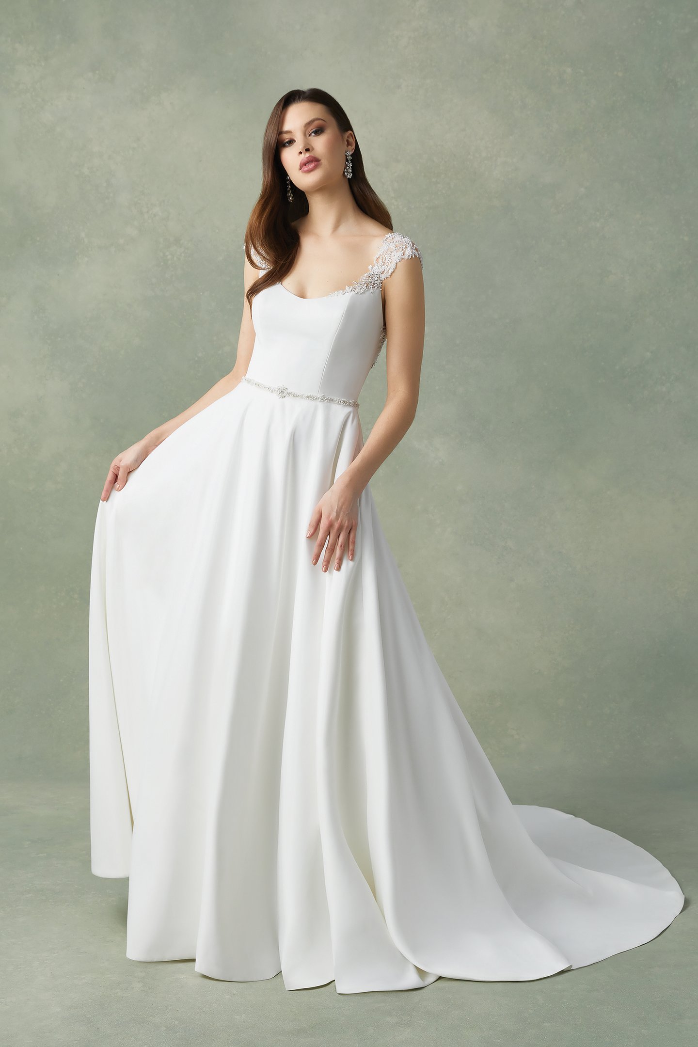 Justin Alexander Style 88301 Francesca Satin A-Line Dress with Beaded Cap Sleeves and Illusion Back