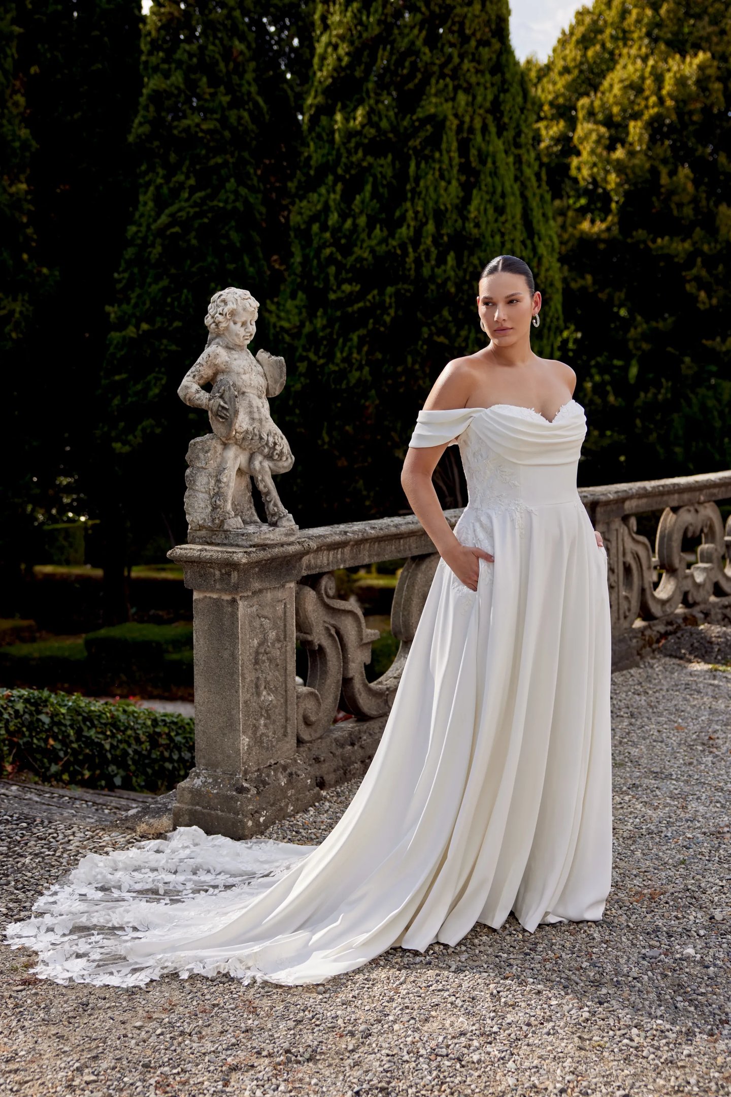 long sleeve off the shoulder fitted wedding dress Lace Off-Shoulder Wedding Dress with Sheer Long Lace Sleeves