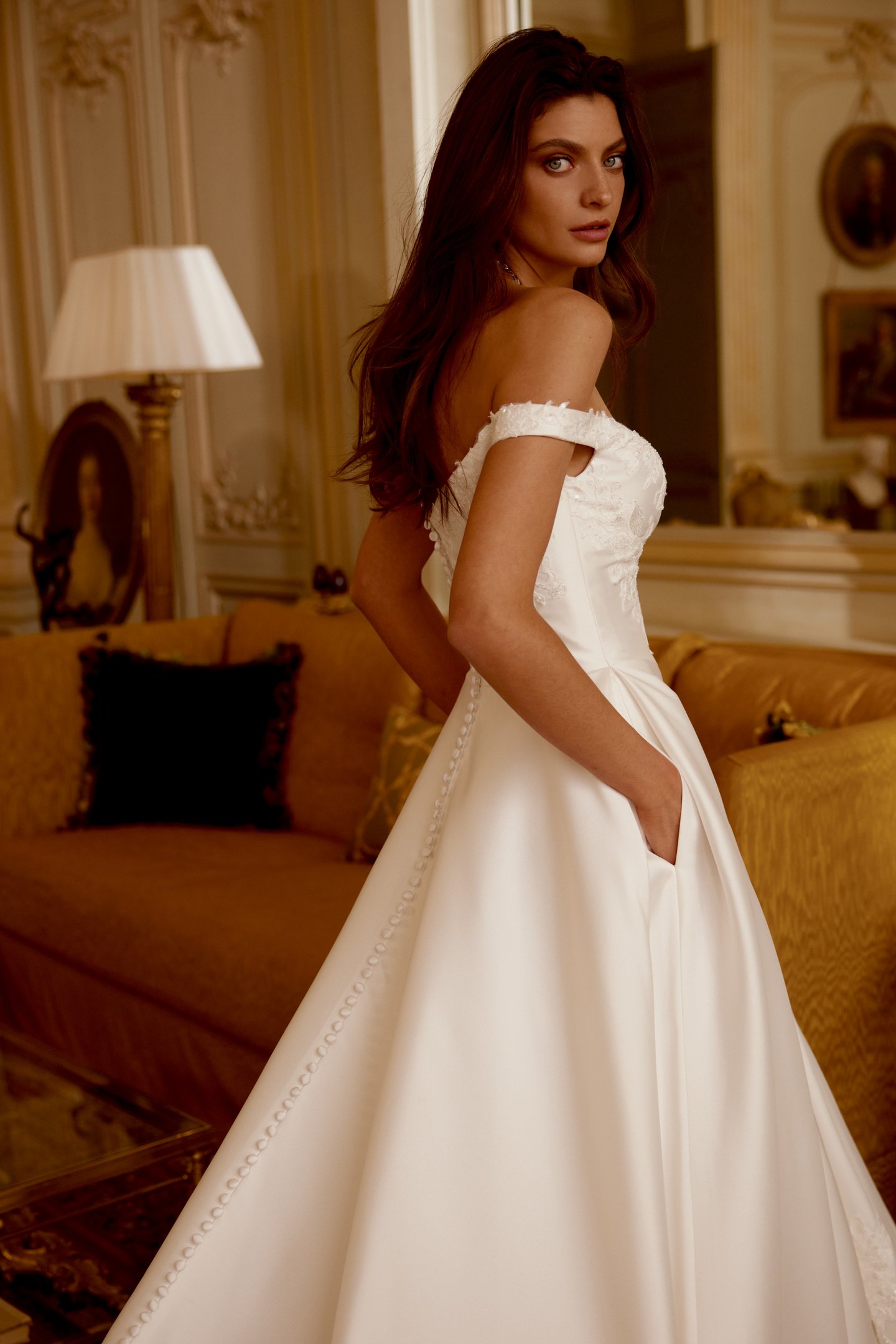 Justin Alexander Style 88411 Jersey Satin A-Line Gown with Sequined Lace and Dramatic Cathedral Train