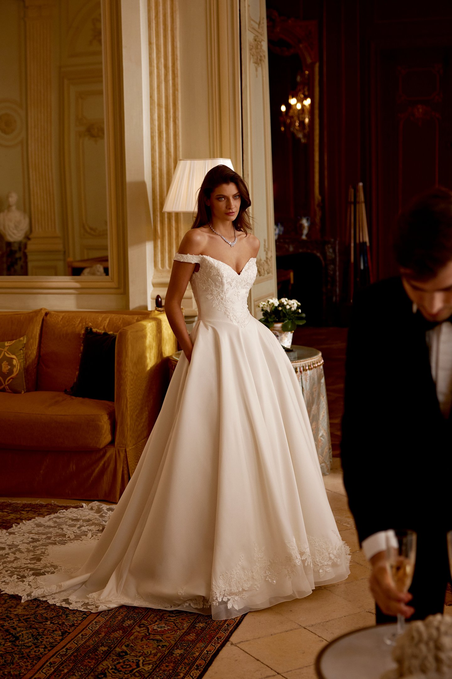 Justin Alexander Style 88411 Jersey Satin A-Line Gown with Sequined Lace and Dramatic Cathedral Train