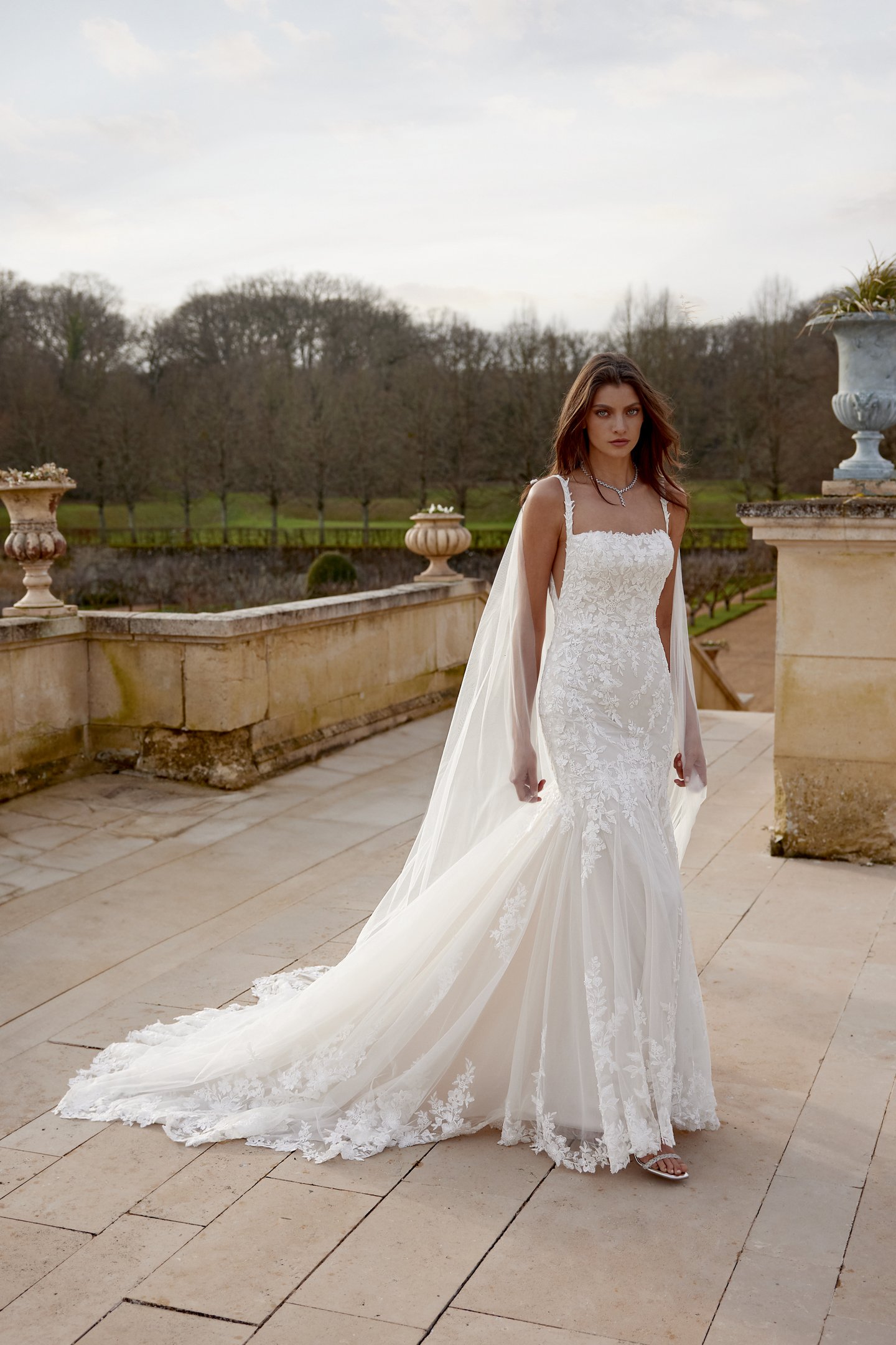 Justin Alexander Style 88414 Jazmin Sparkling Lace Trumpet Gown with Square Neckline and Dramatic Train