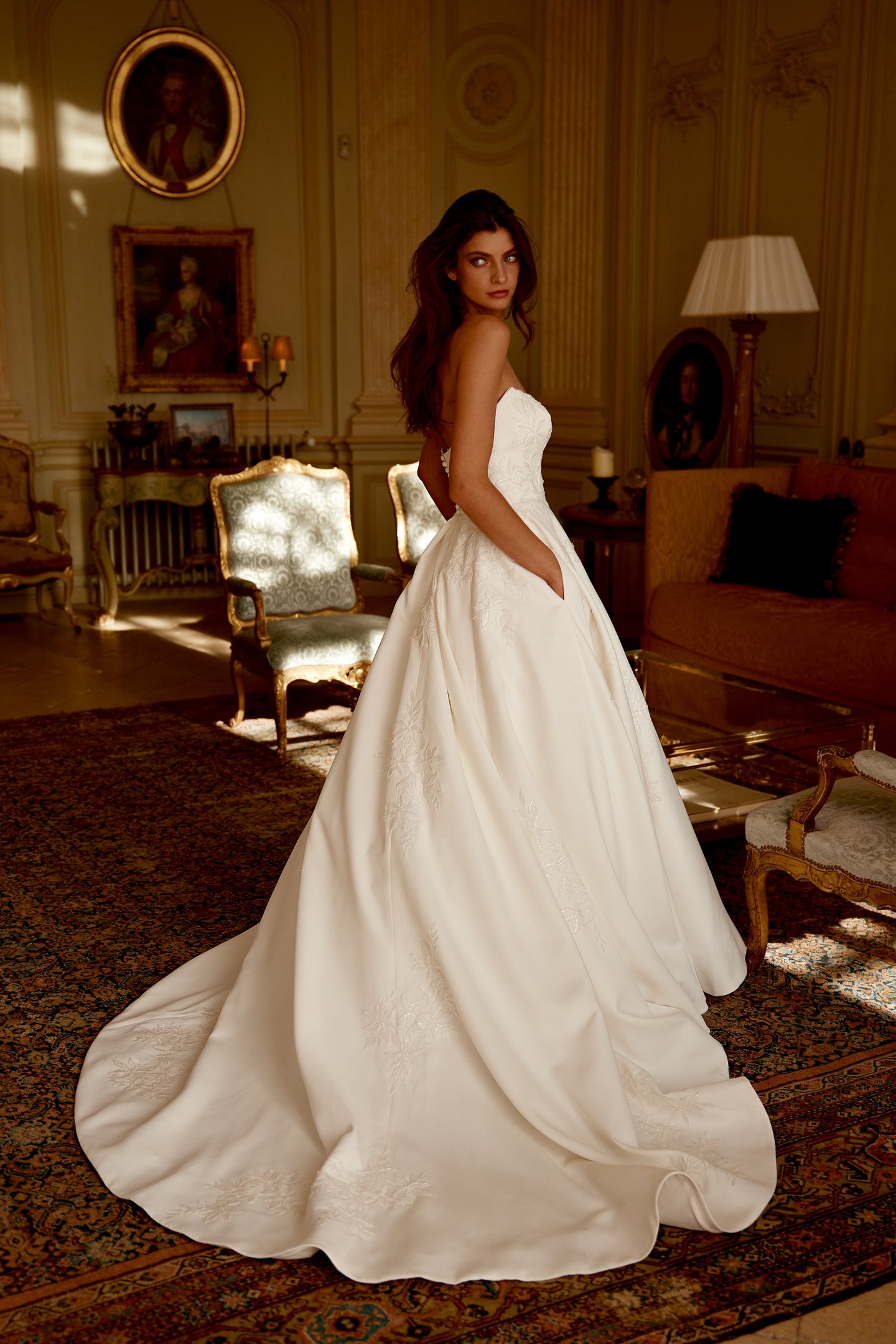 Justin Alexander Style 88425 Jordan Satin A-Line Gown with Embroidered Lace and Chapel Length Train