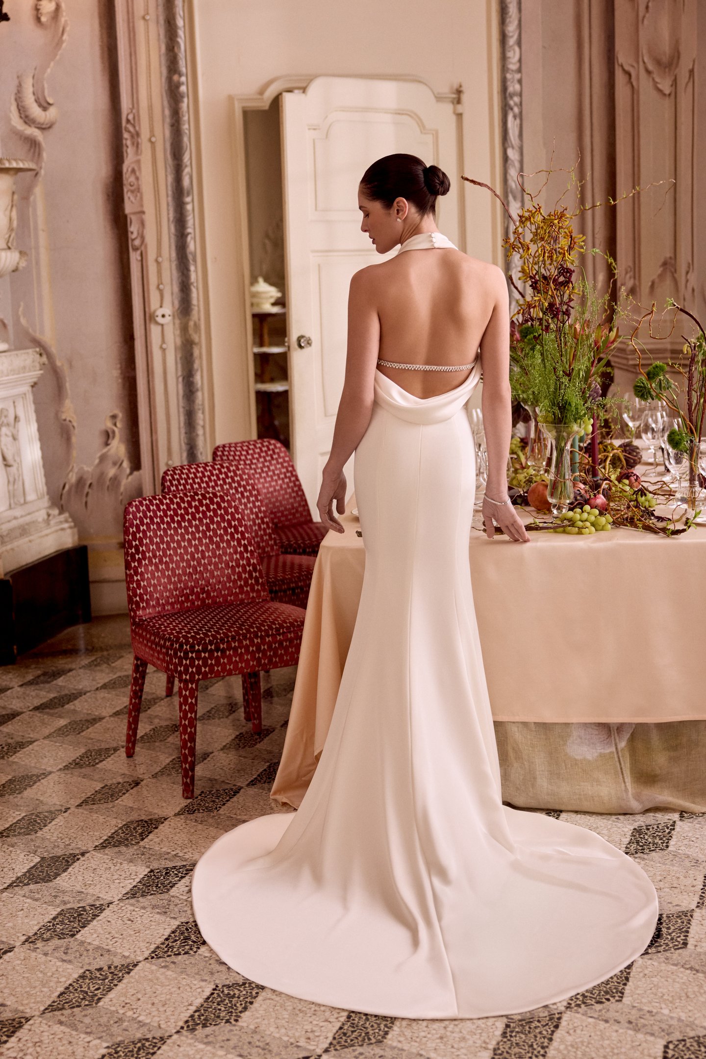 Justin Alexander Style 88465 LEXI Charmeuse Fit and Flare with Plunging Halter Neckline and Low Back