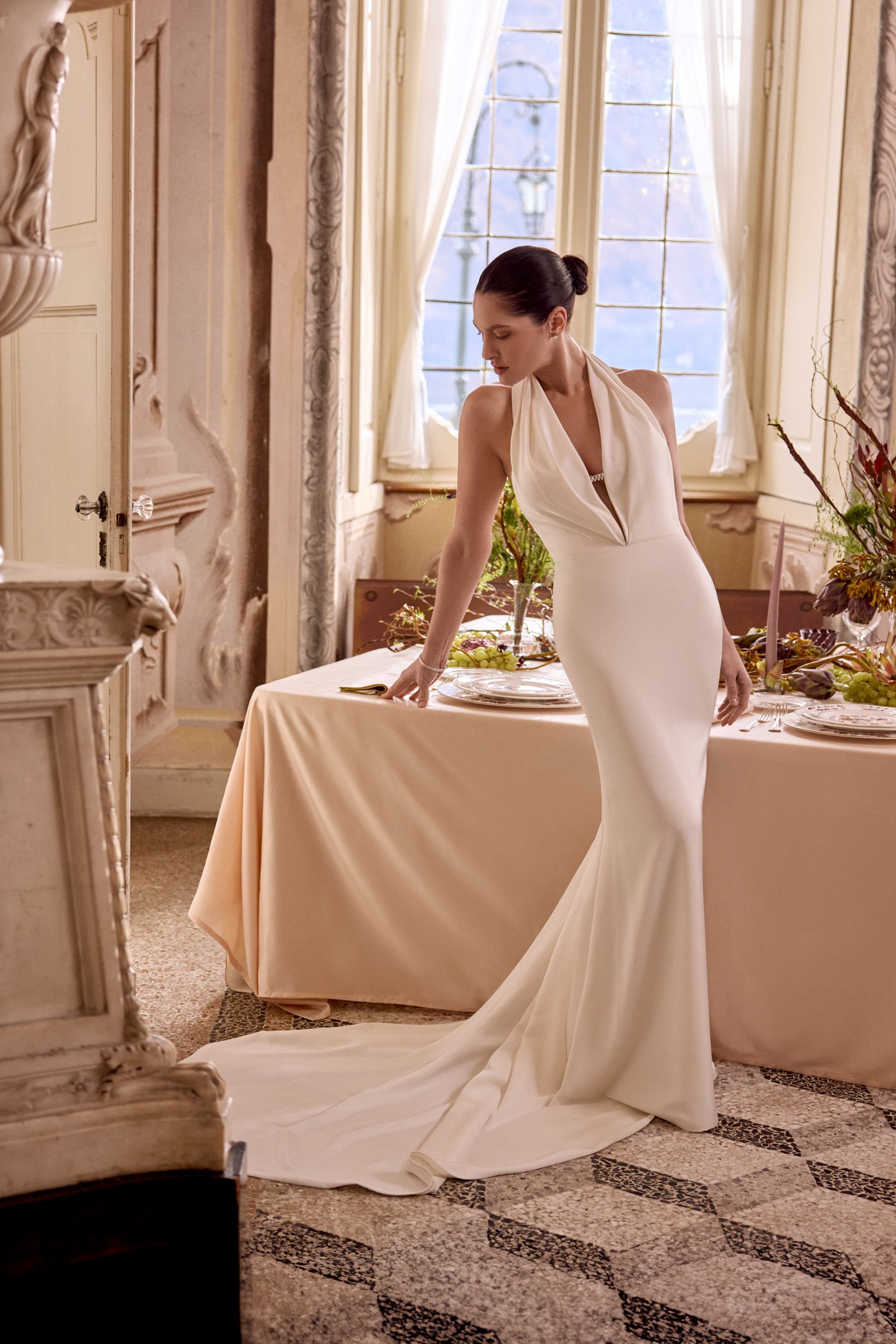 Justin Alexander Style 88465 LEXI Charmeuse Fit and Flare with Plunging Halter Neckline and Low Back