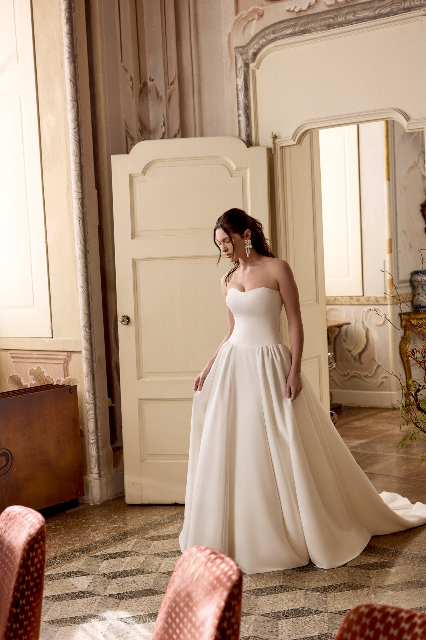 Justin Alexander Style 88466 LONDON Satin A-Line Gown with Princess Seams and Waterfall Waistline