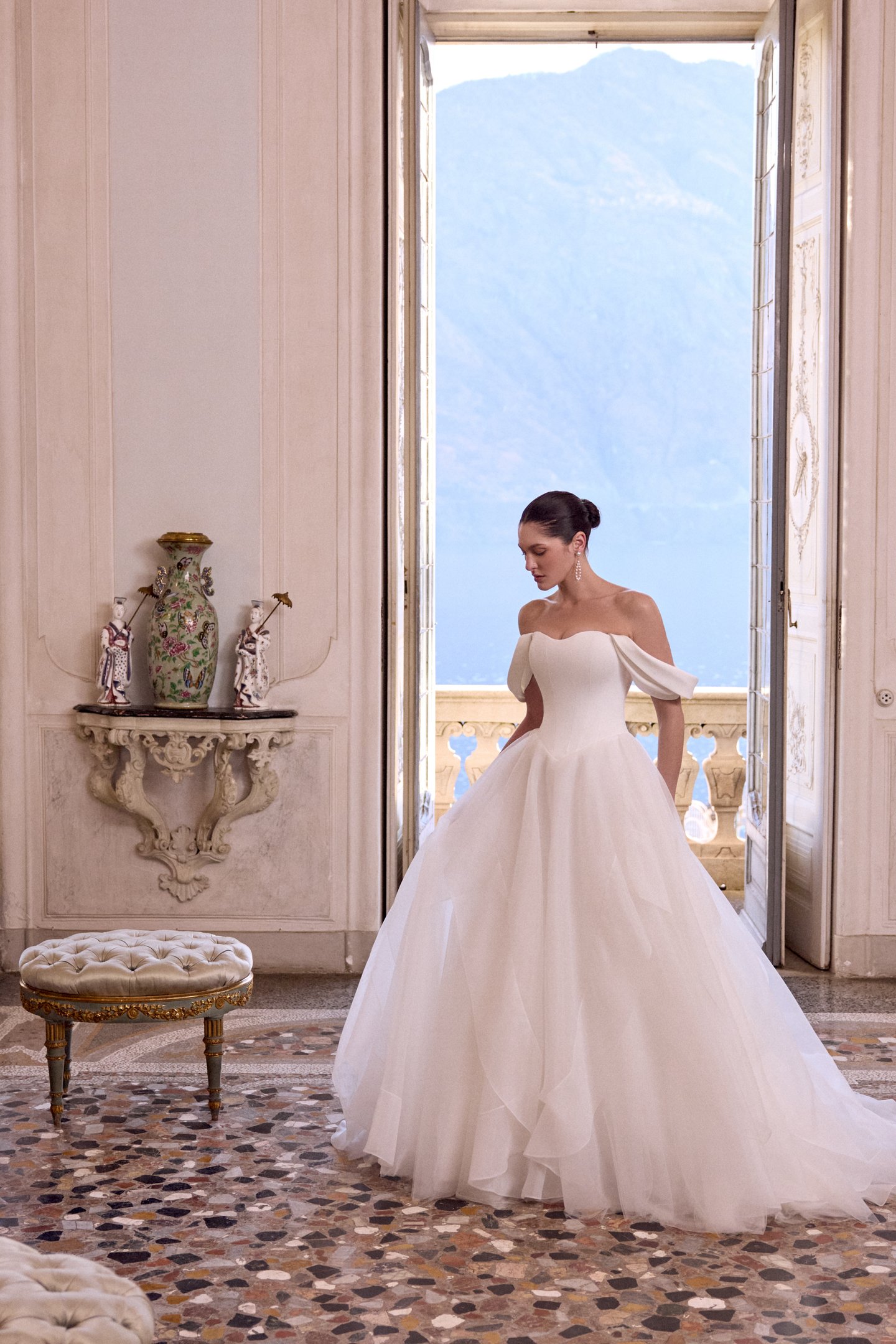Justin Alexander Style 88471 LYLA Organza Ball Gown with Bias Ruffled Skirt and Satin Sweetheart Bodice