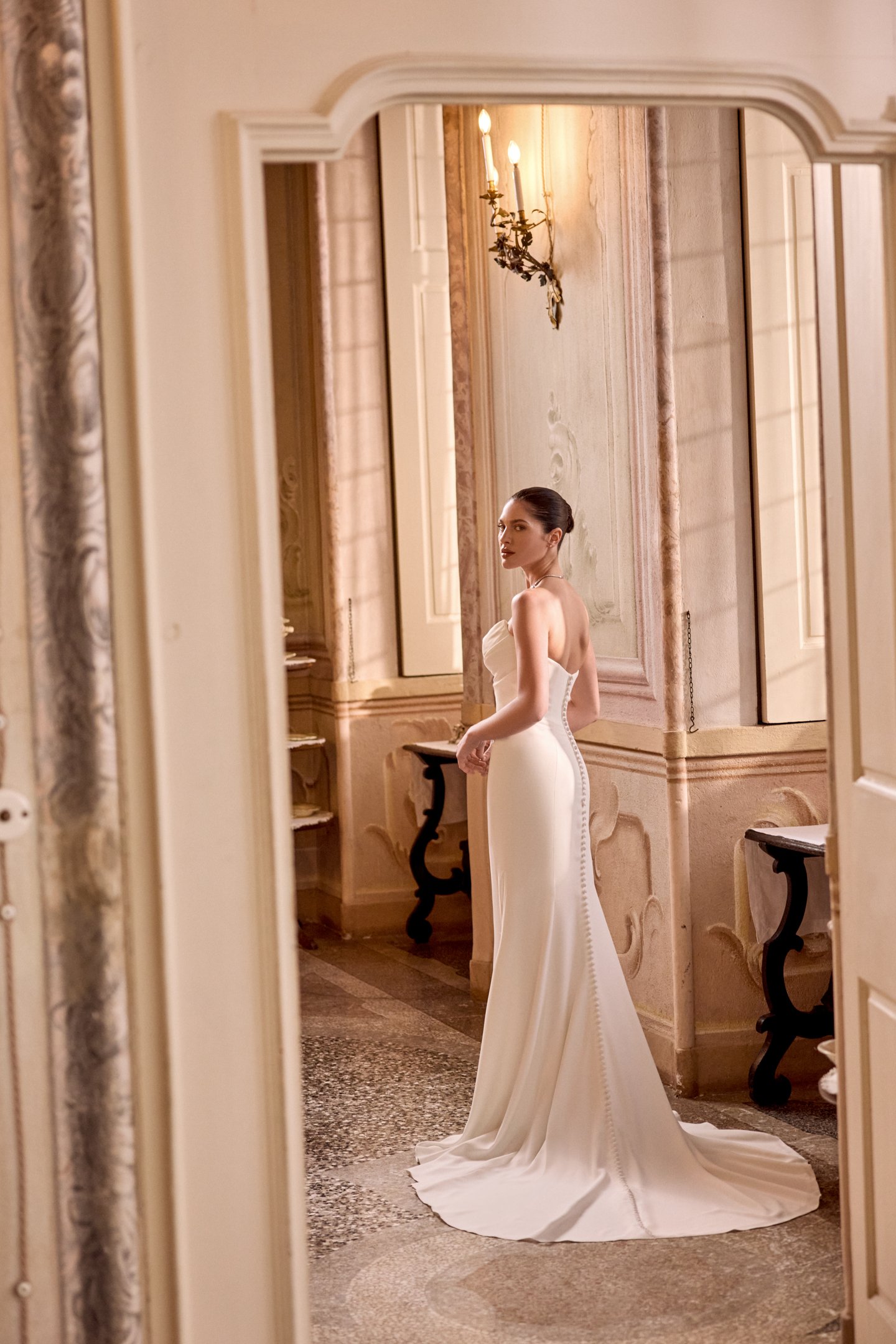Justin Alexander Style 88472 LETI Crepe Fit and Flare Gown with Ruched Bodice