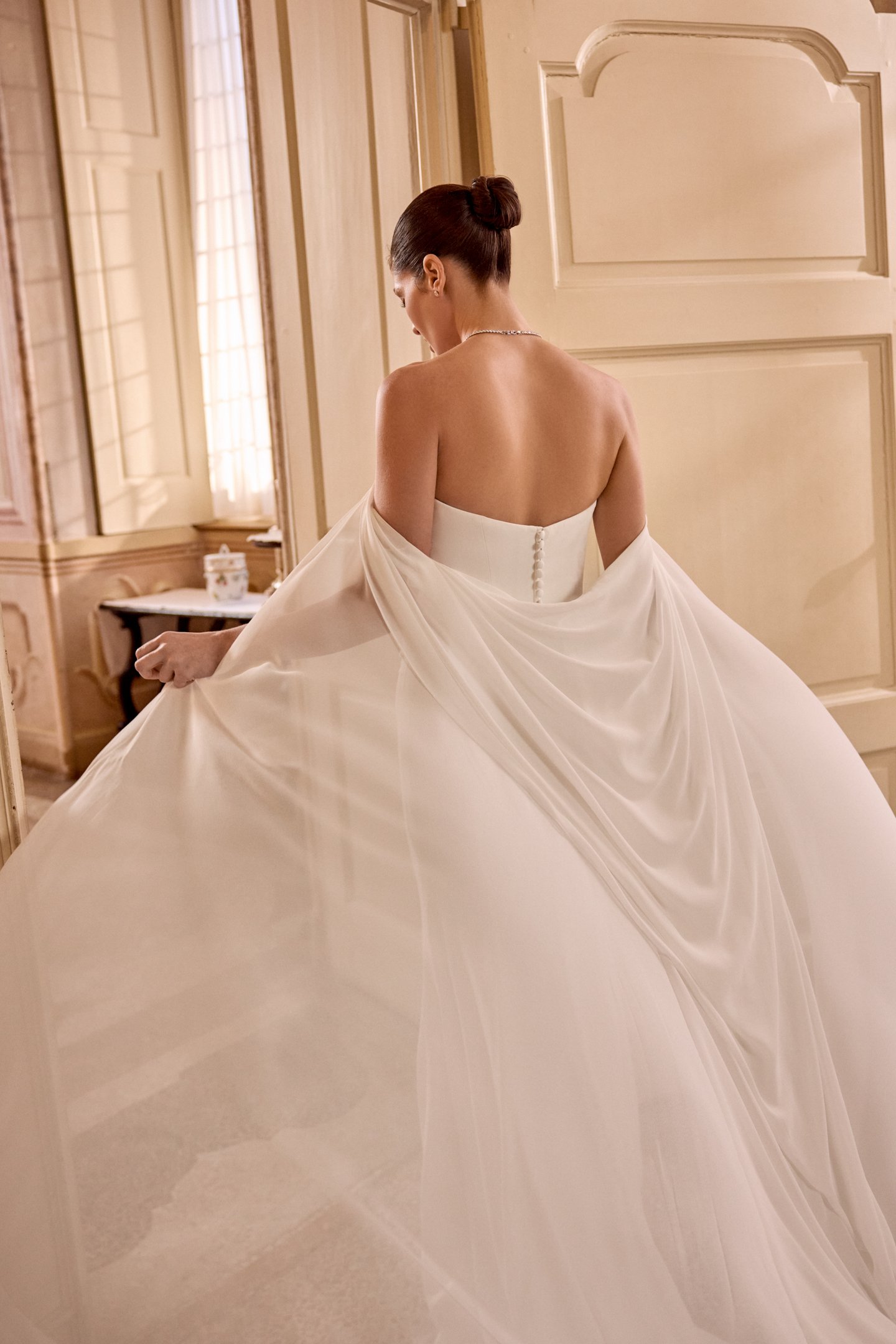 Justin Alexander Style 88472C LETI CAPE Chapel Length Detachable Chiffon Cape with Draped Back