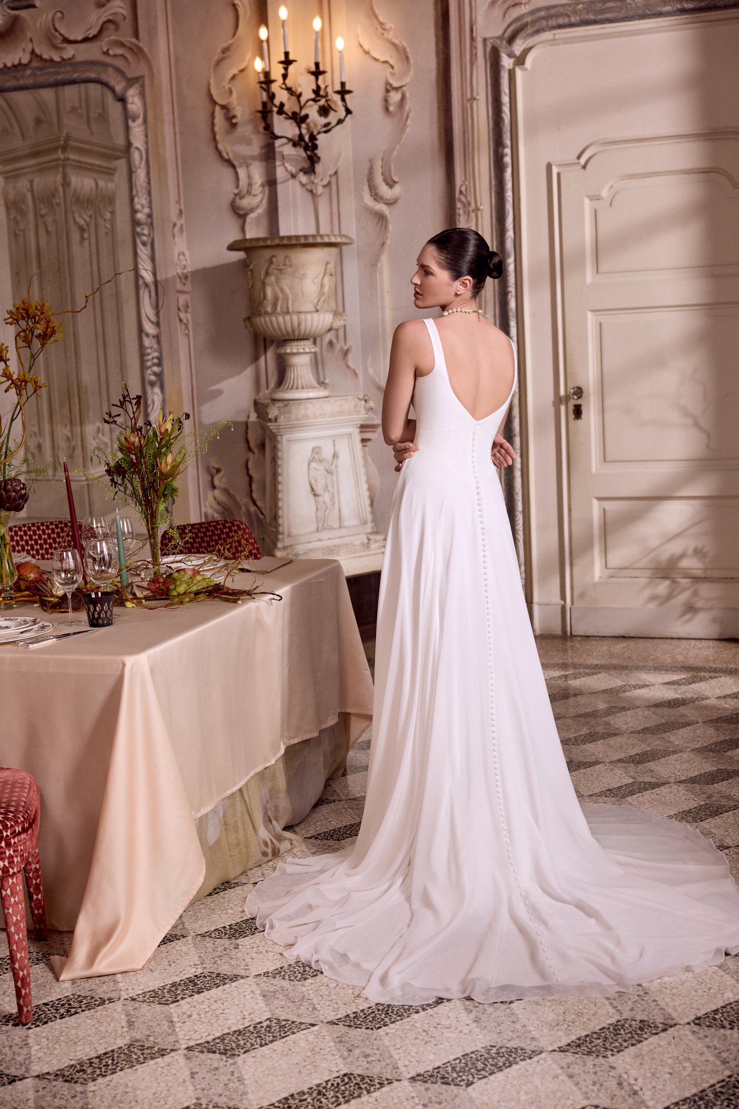 Justin Alexander Style 88473 LUPITA Chiffon A-Line Gown with Crepe Bodice and Basque Waist