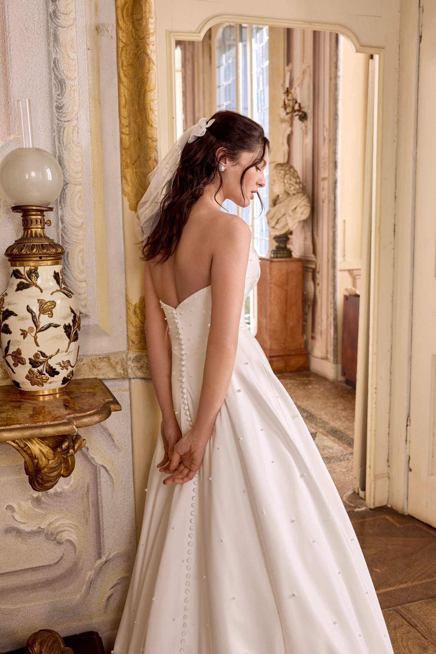 Justin Alexander Style 88475 LIZZIE Charmeuse A-Line Gown with Scattered Pearls and Pockets
