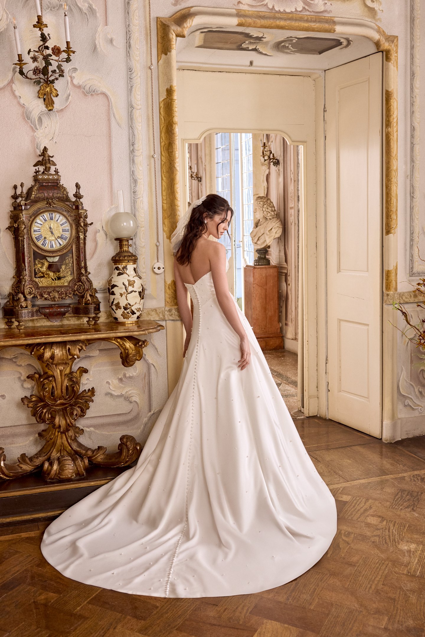 Justin Alexander Style 88475 LIZZIE Charmeuse A-Line Gown with Scattered Pearls and Pockets