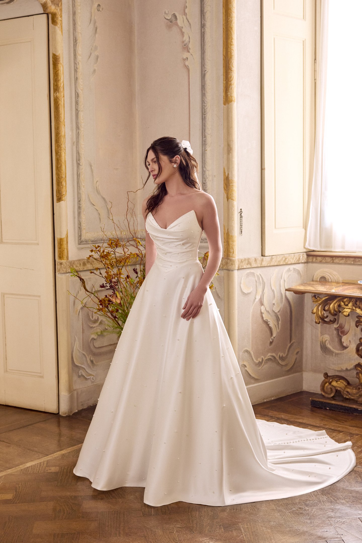 Justin Alexander Style 88475 LIZZIE Charmeuse A-Line Gown with Scattered Pearls and Pockets