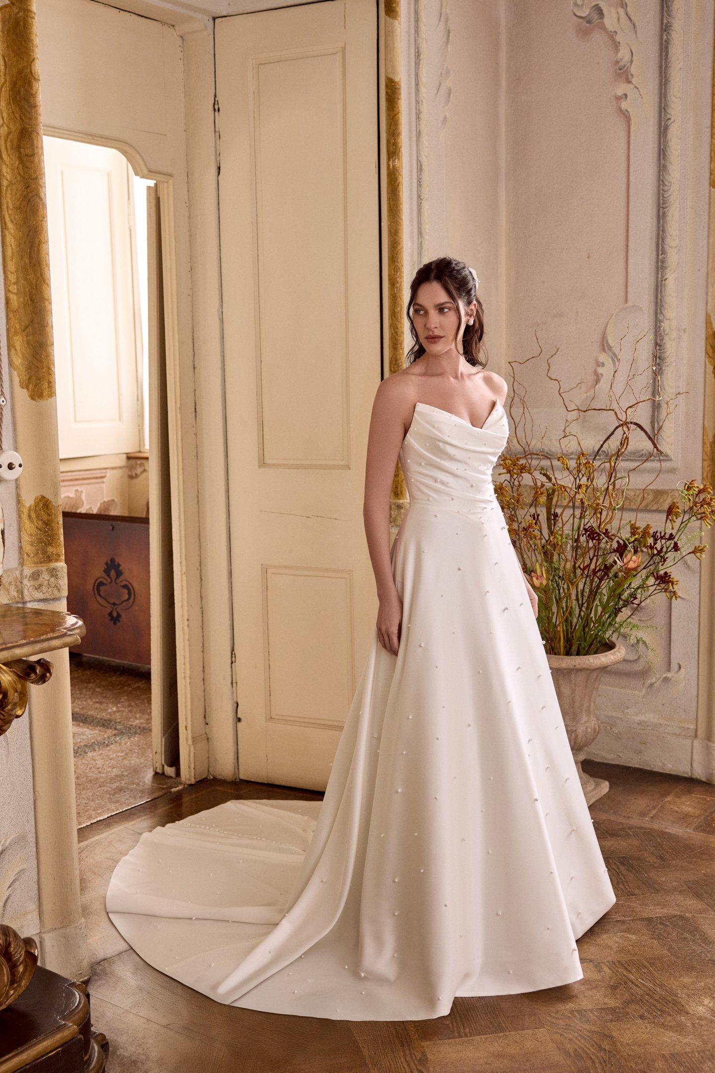 Justin Alexander Style 88475 LIZZIE Charmeuse A-Line Gown with Scattered Pearls and Pockets