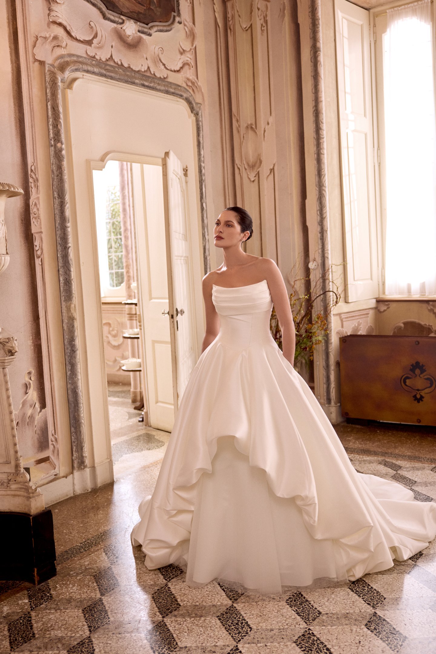Justin Alexander Style 88476 LOTTIE Strapless Mikado High-Low Ball Gown with Bubble Hem