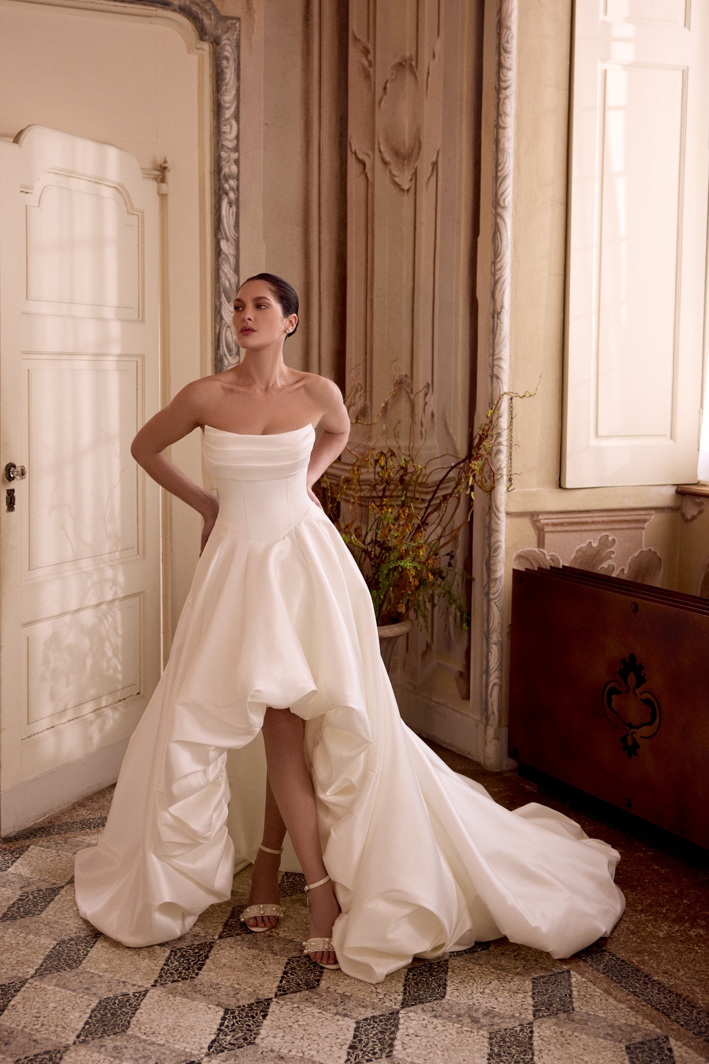 Justin Alexander Style 88476 LOTTIE Strapless Mikado High-Low Ball Gown with Bubble Hem