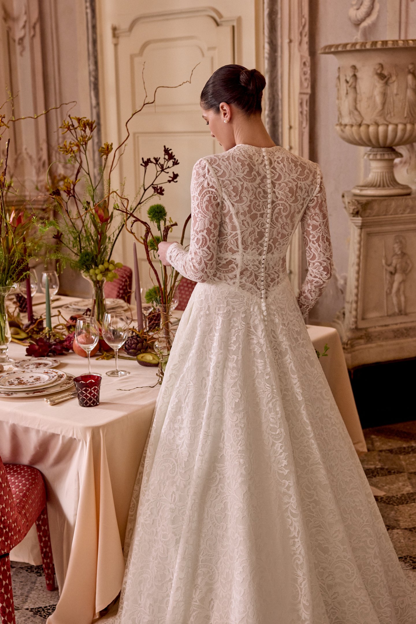 Justin Alexander Style 88477 LADY Allover Lace A-Line Gown with Plunging V-Neckline and Basque Waist
