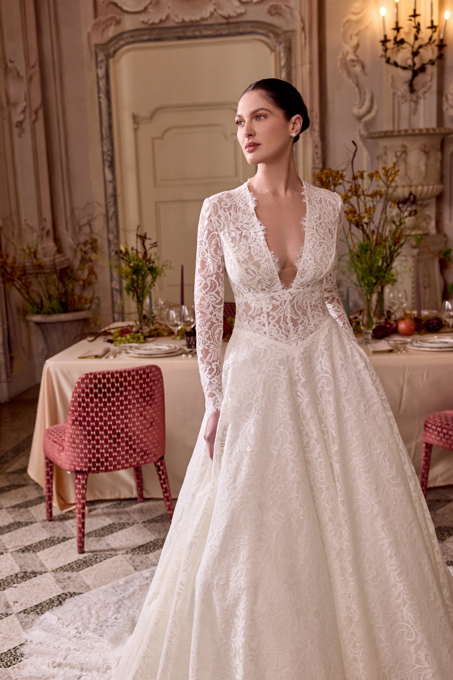 Justin Alexander Style 88477 LADY Allover Lace A-Line Gown with Plunging V-Neckline and Basque Waist