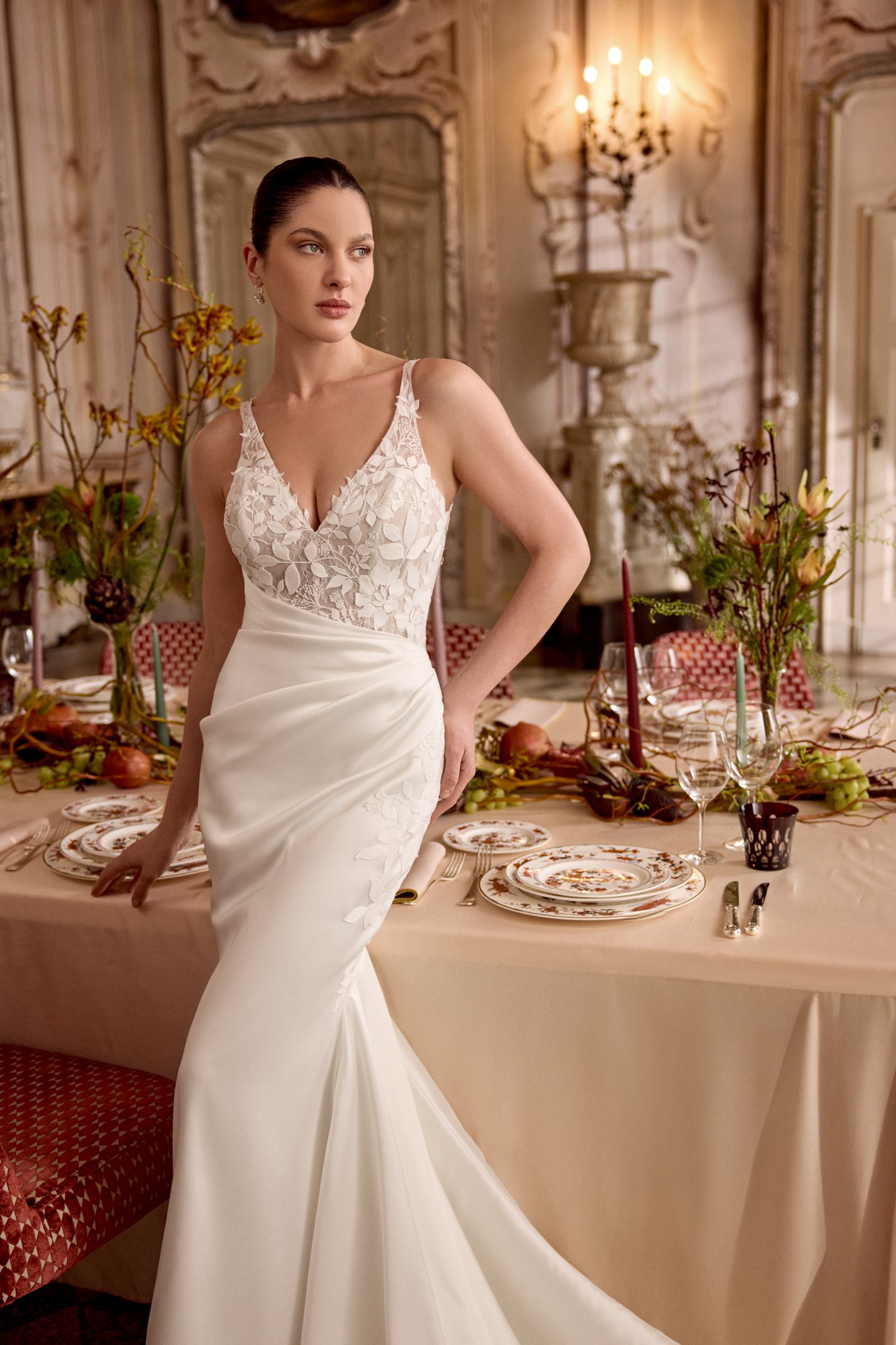 Justin Alexander Style 88478 LAINE Mikado Fit and Flare Gown with Asymmetrical Pleated Waist