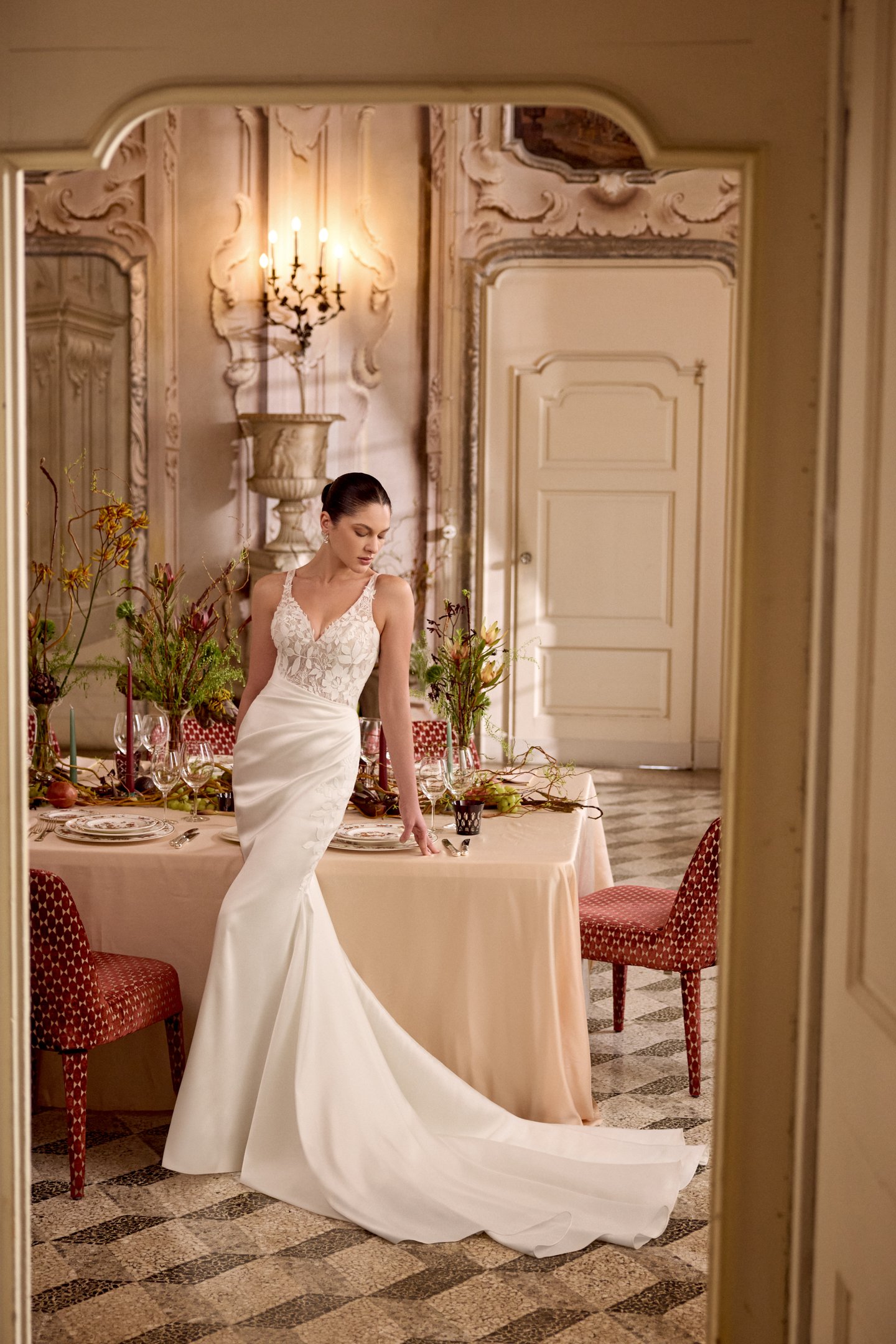 Justin Alexander Style 88478 LAINE Mikado Fit and Flare Gown with Asymmetrical Pleated Waist