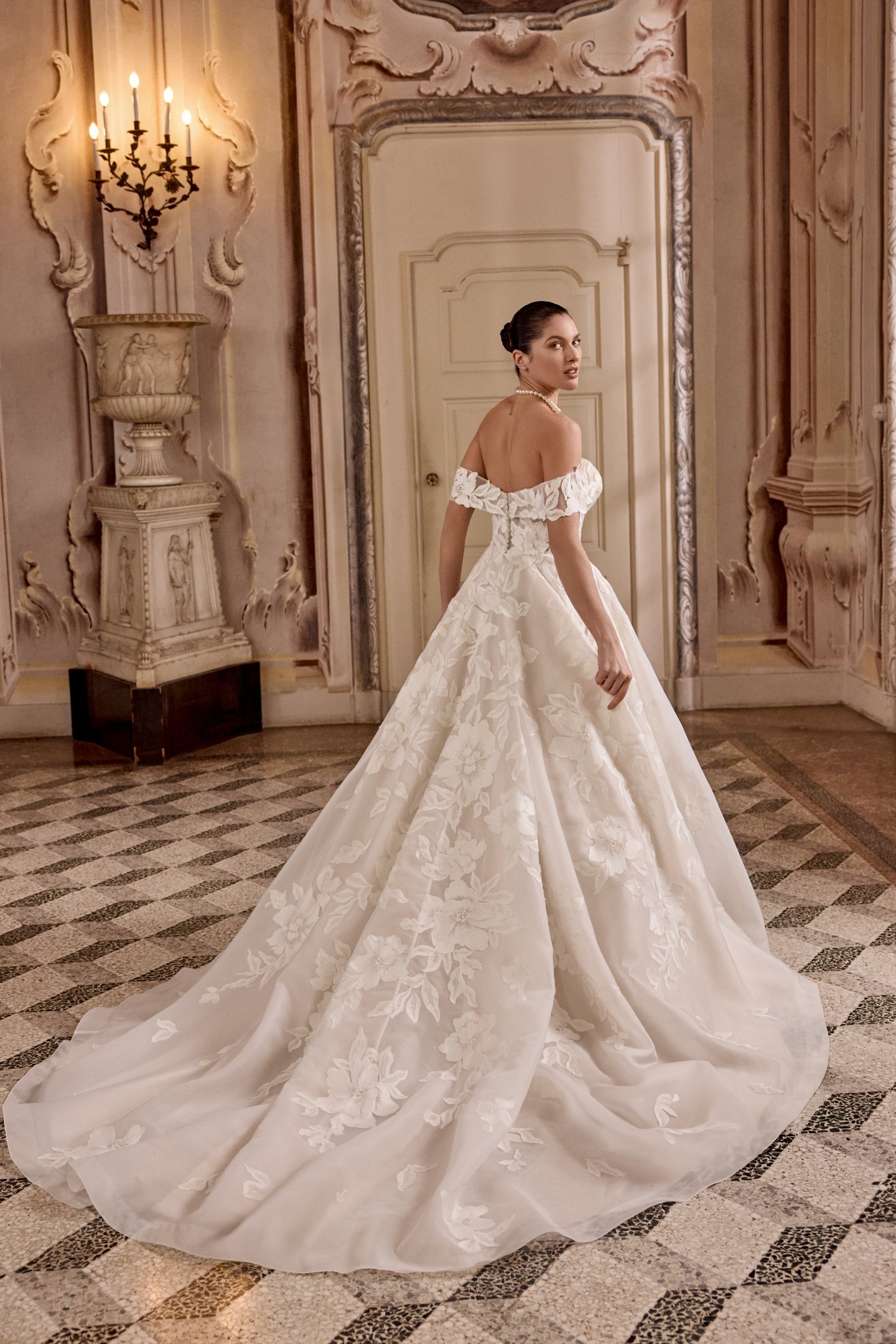 Justin Alexander Style 88479 LISETTE Organza Ball Gown with Portrait Collar and Box Pleating on Skirt