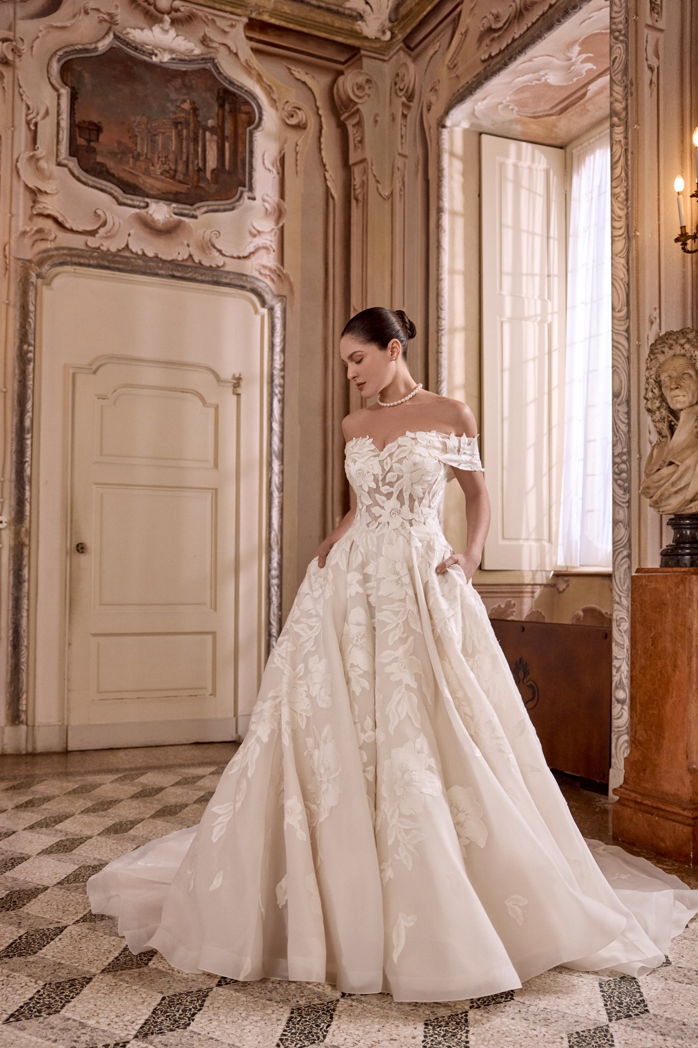 Justin Alexander Style 88479 LISETTE Organza Ball Gown with Portrait Collar and Box Pleating on Skirt