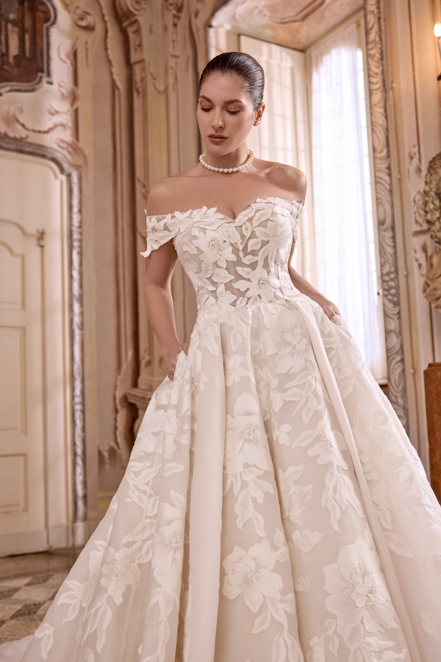 Justin Alexander Style 88479 LISETTE Organza Ball Gown with Portrait Collar and Box Pleating on Skirt