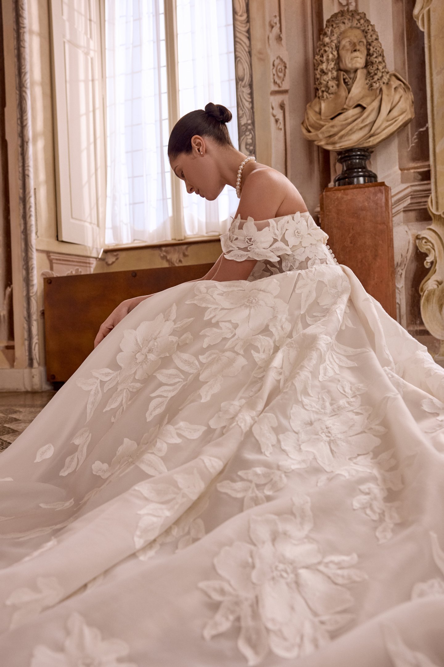 Justin Alexander Style 88479 LISETTE Organza Ball Gown with Portrait Collar and Box Pleating on Skirt