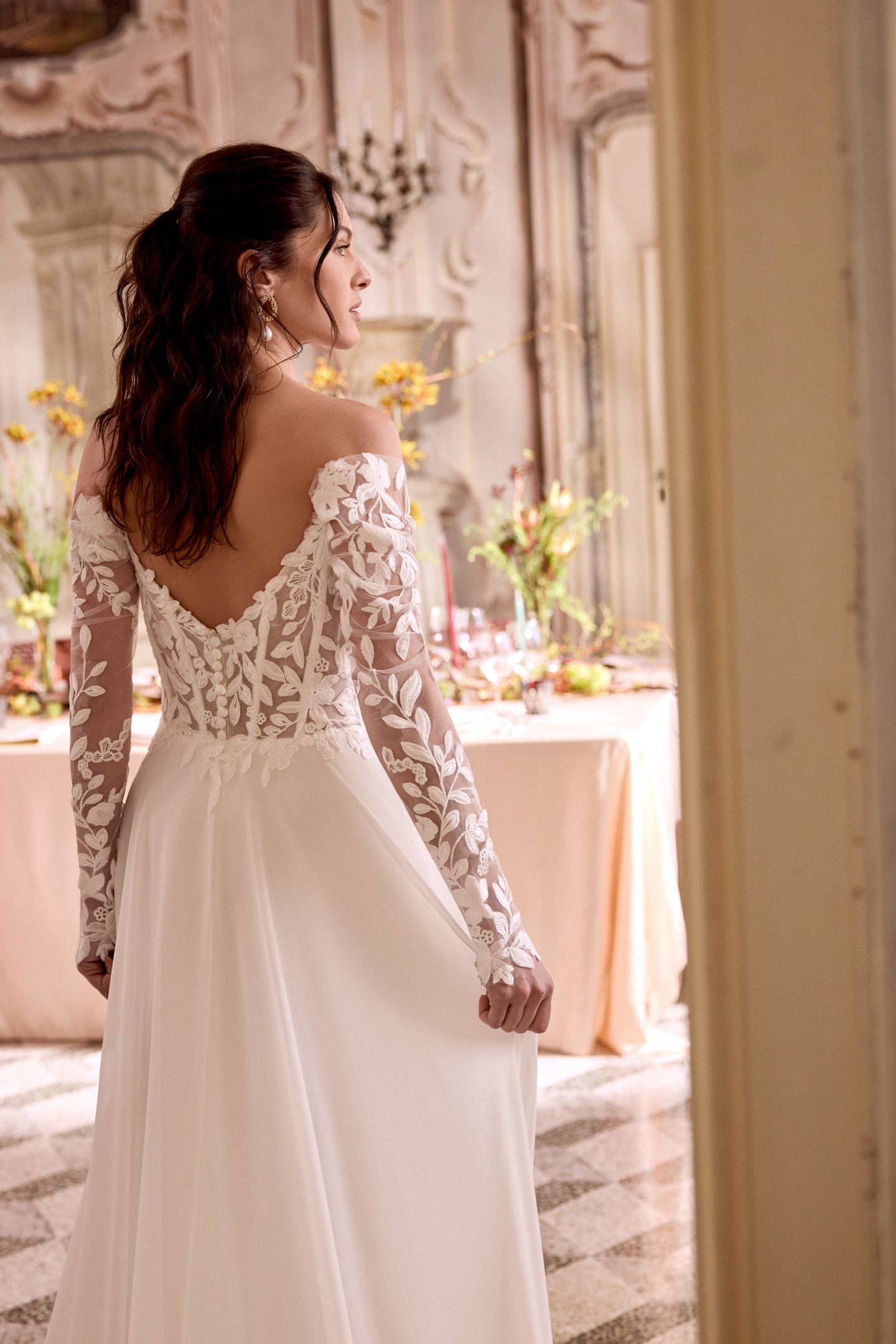Justin Alexander Style 88480 LEILA Chiffon A-Line Gown with Draped Cowl Detail and Sheer Bodice