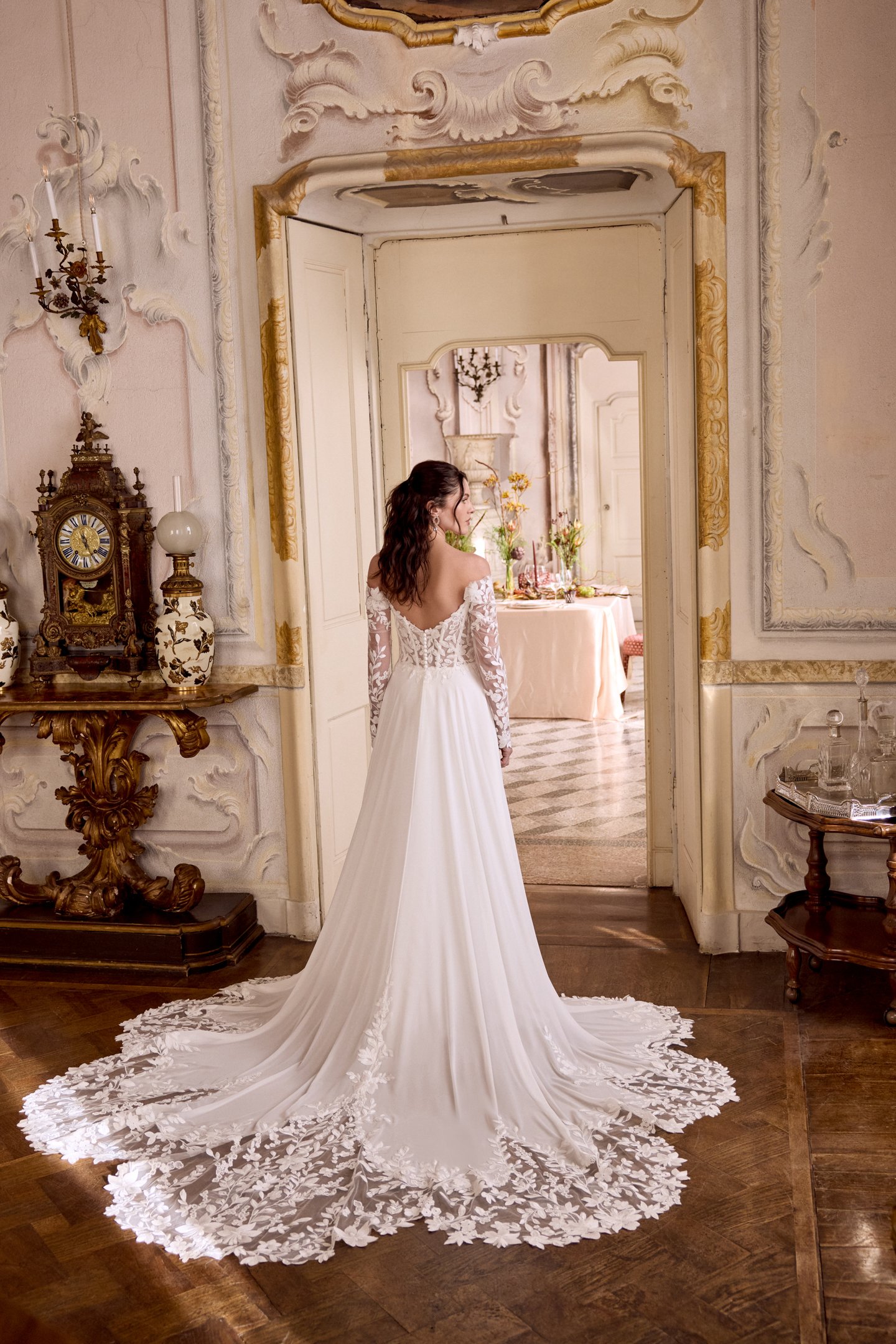 Justin Alexander Style 88480 LEILA Chiffon A-Line Gown with Draped Cowl Detail and Sheer Bodice