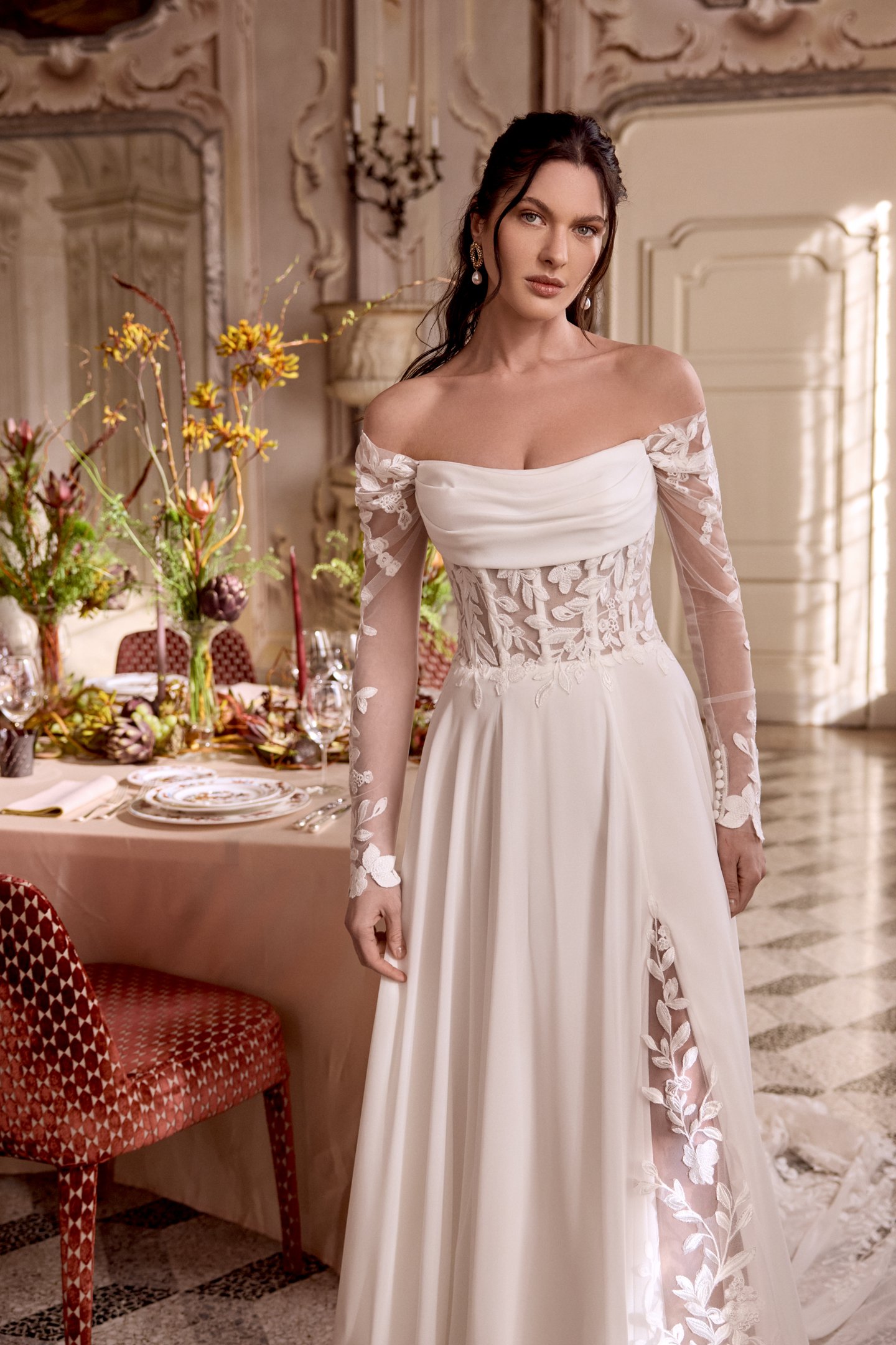 Justin Alexander Style 88480 LEILA Chiffon A-Line Gown with Draped Cowl Detail and Sheer Bodice