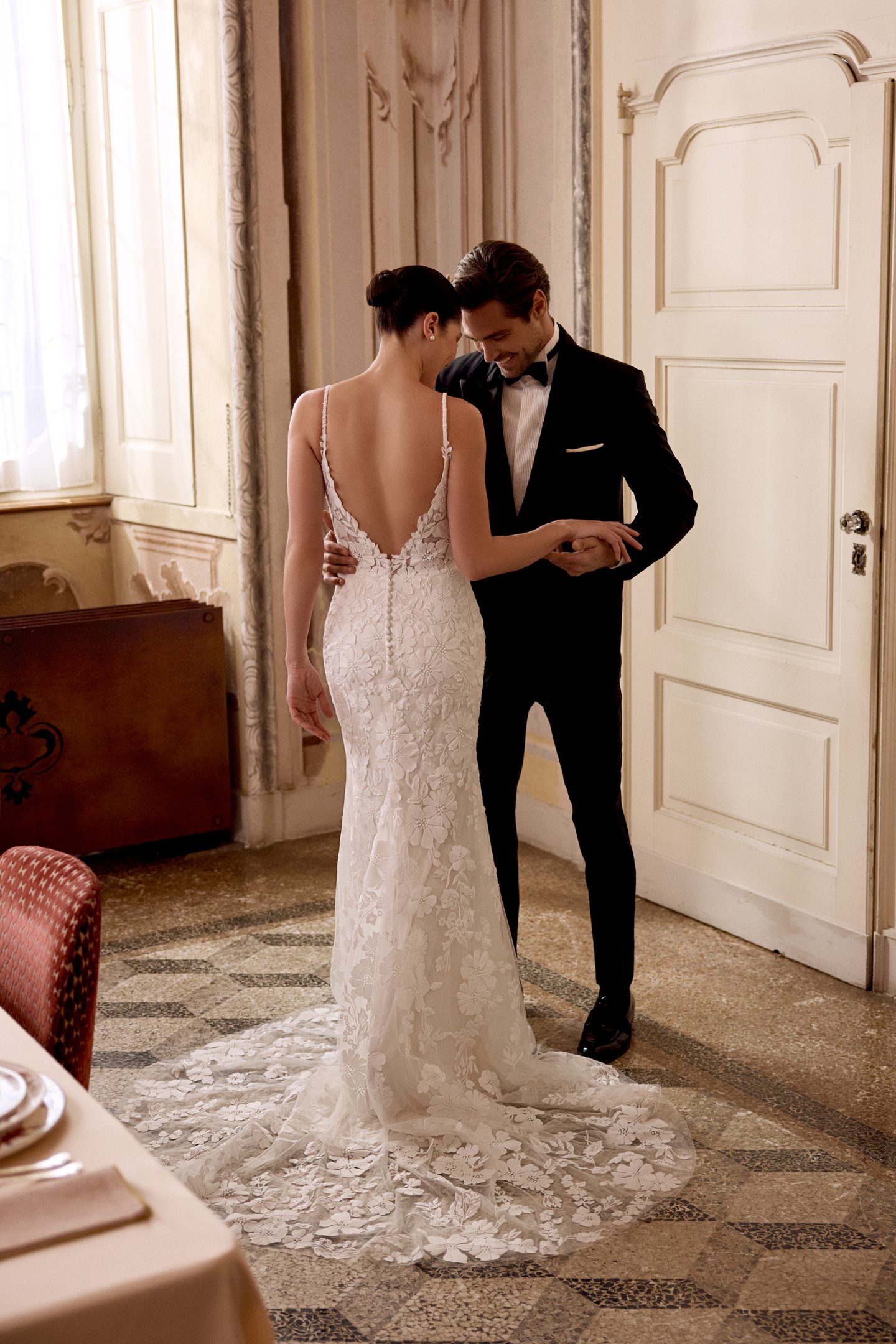 Justin Alexander Style 88481 LIZA Sequined Lace Fit & Flare with Plunge Bikini Neck and Sheer Bodice