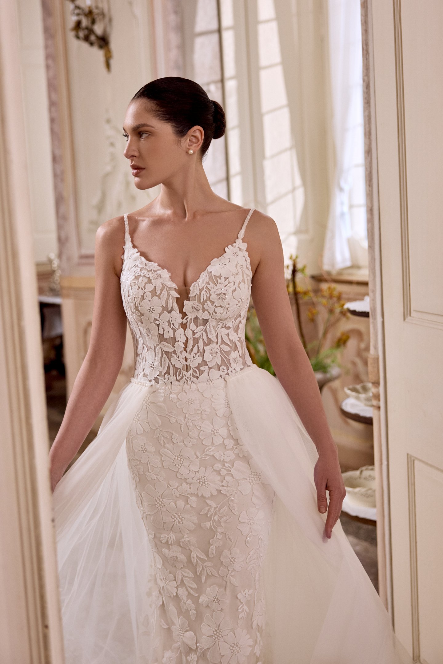 Justin Alexander Style 88481 LIZA Sequined Lace Fit & Flare with Plunge Bikini Neck and Sheer Bodice