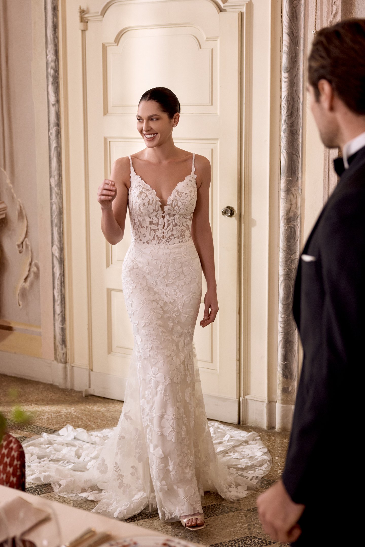 Justin Alexander Style 88481 LIZA Sequined Lace Fit & Flare with Plunge Bikini Neck and Sheer Bodice