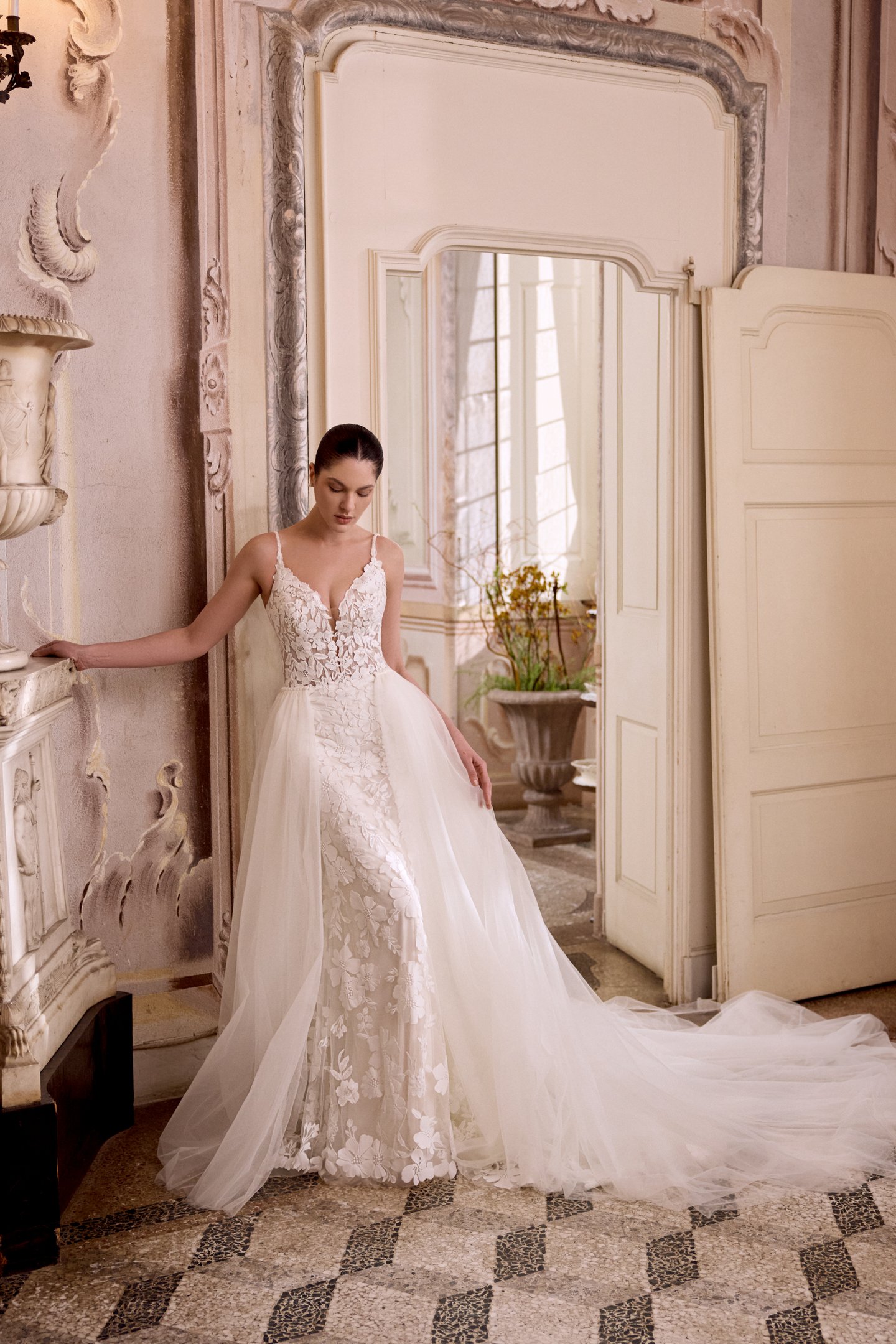Justin Alexander Style 88481 LIZA Sequined Lace Fit & Flare with Plunge Bikini Neck and Sheer Bodice