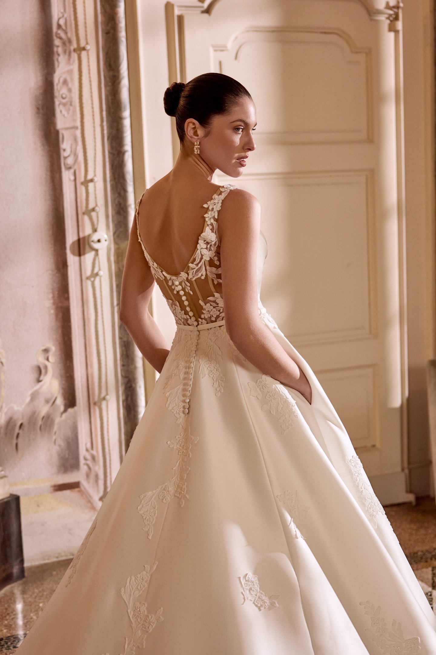 Justin Alexander Style 88482 LINDSAY Mikado Ball Gown with Cowl Peek-A-Boo Neckline and Illusion V-Back