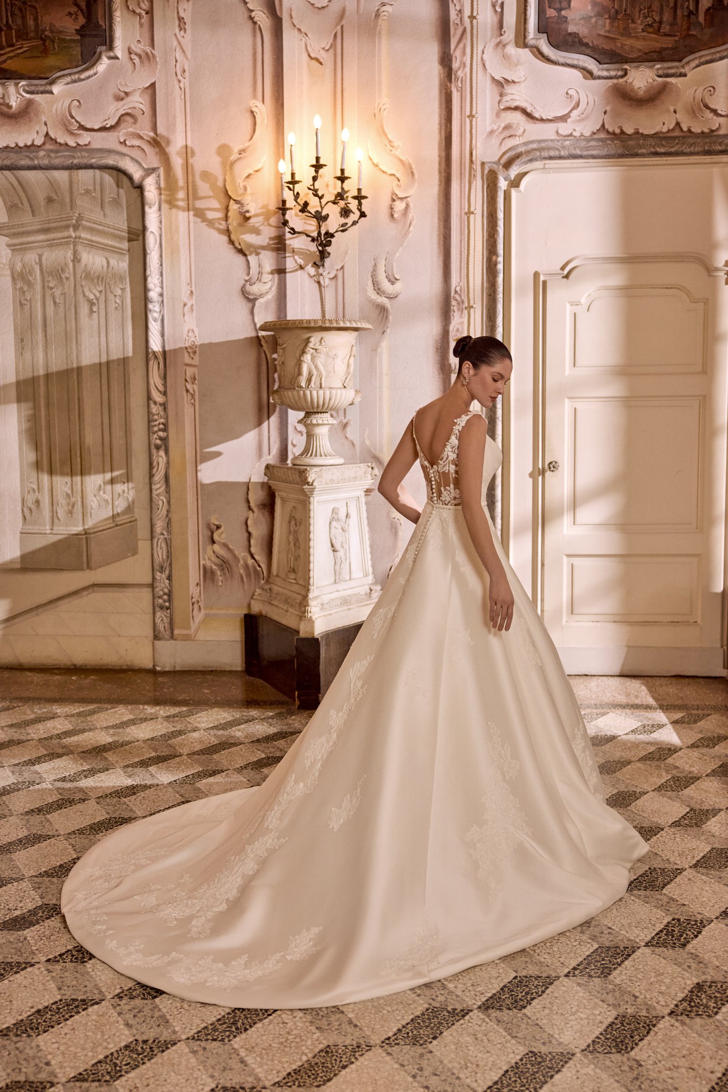 Justin Alexander Style 88482 LINDSAY Mikado Ball Gown with Cowl Peek-A-Boo Neckline and Illusion V-Back