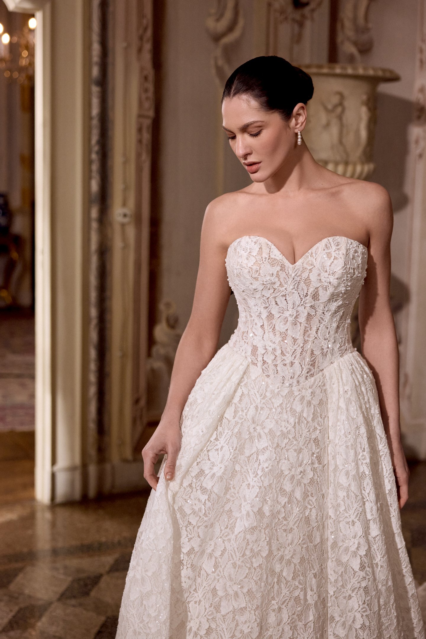 Justin Alexander Style 88485 LOVE Allover Beaded and Sequined Lace Ball Gown with Basque Waistline