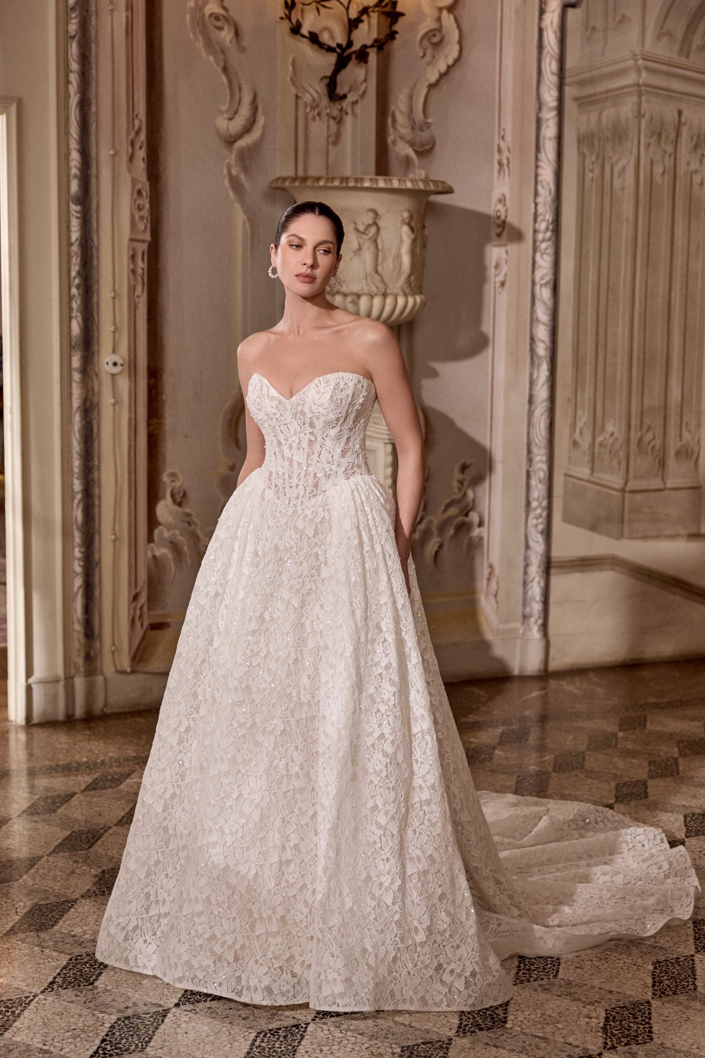 Justin Alexander Style 88485 LOVE Allover Beaded and Sequined Lace Ball Gown with Basque Waistline