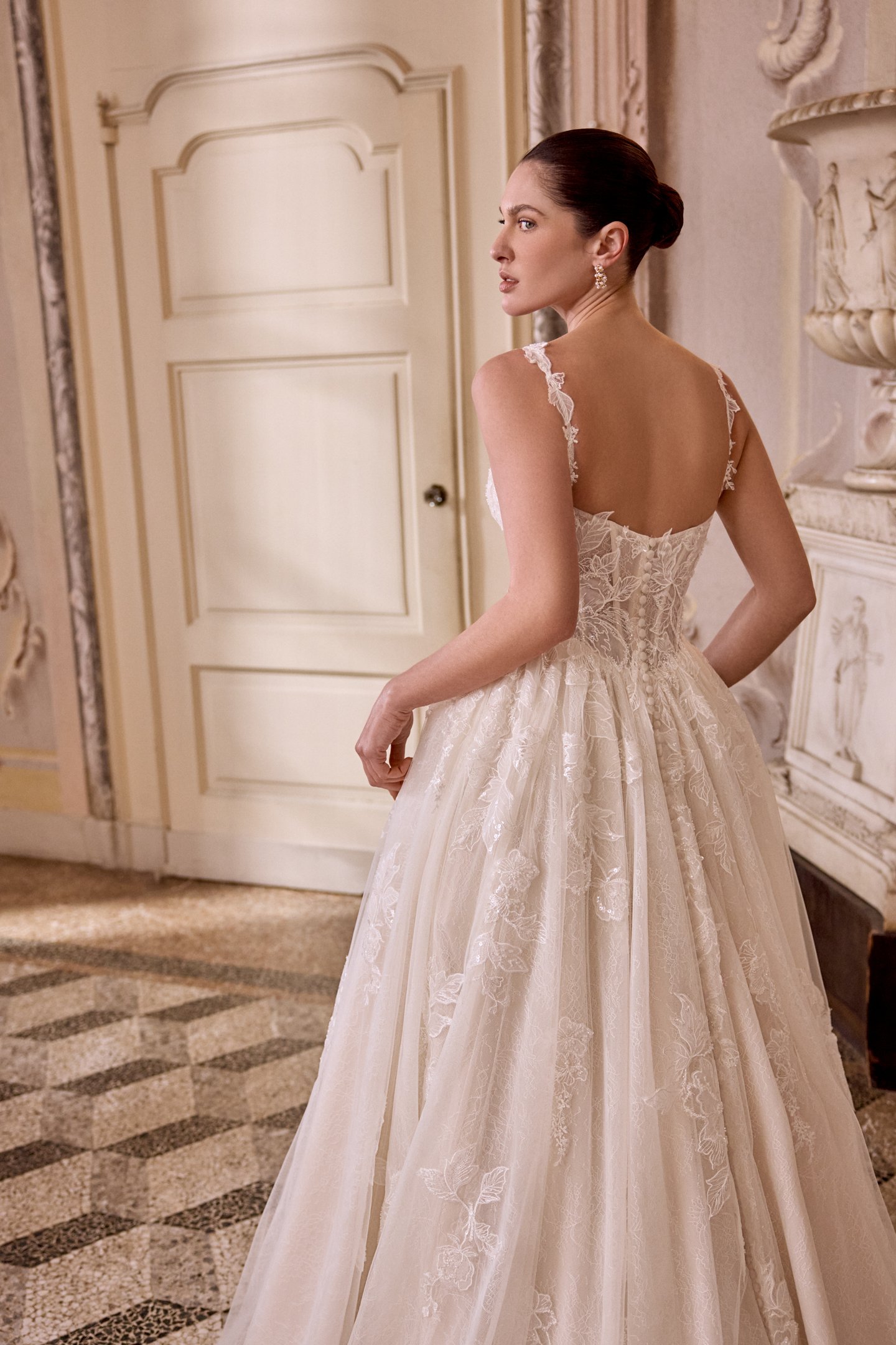 Justin Alexander Style 88487 LAURA Sparkling Lace Ball Gown with Basque Waistline and Pockets