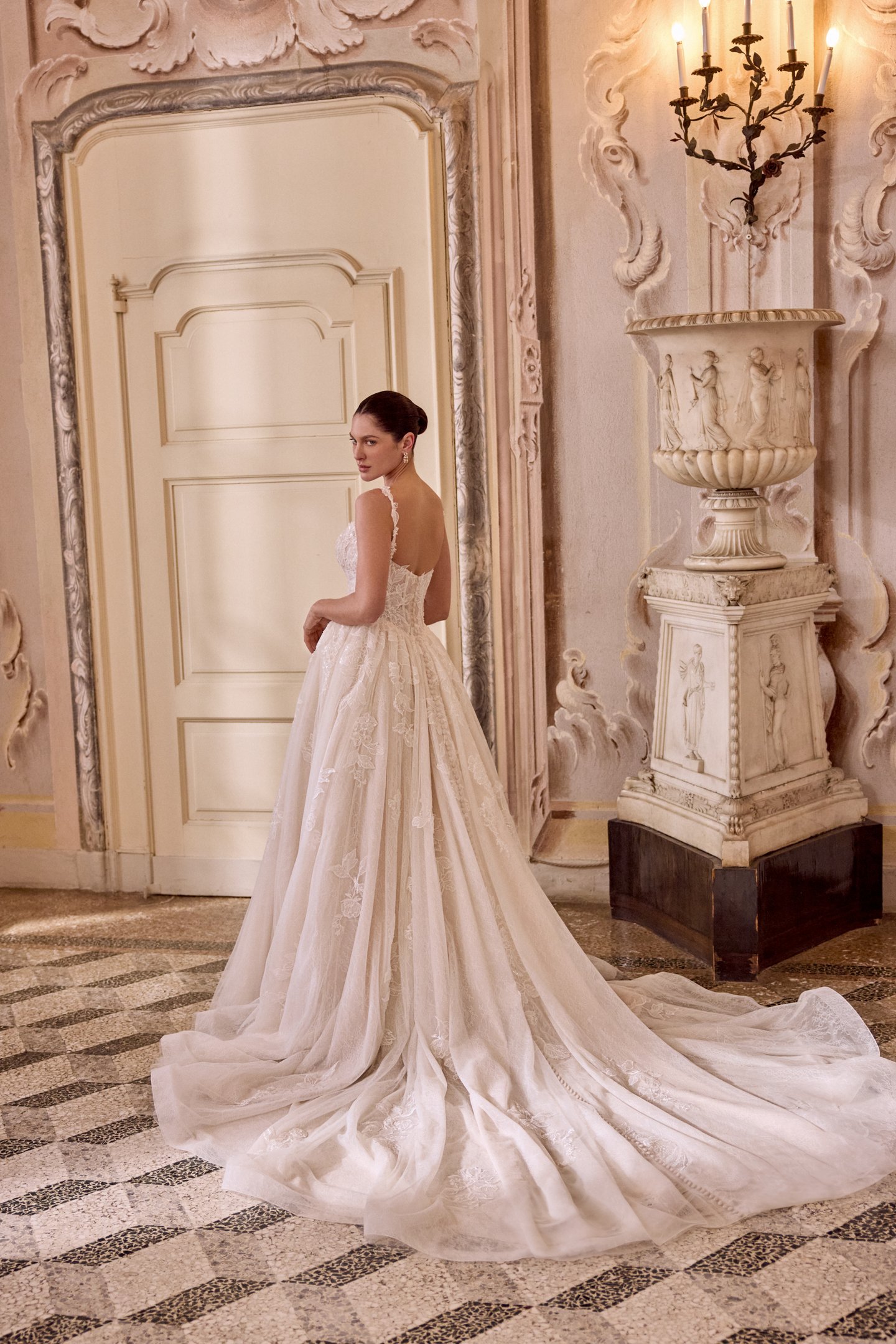 Justin Alexander Style 88487 LAURA Sparkling Lace Ball Gown with Basque Waistline and Pockets