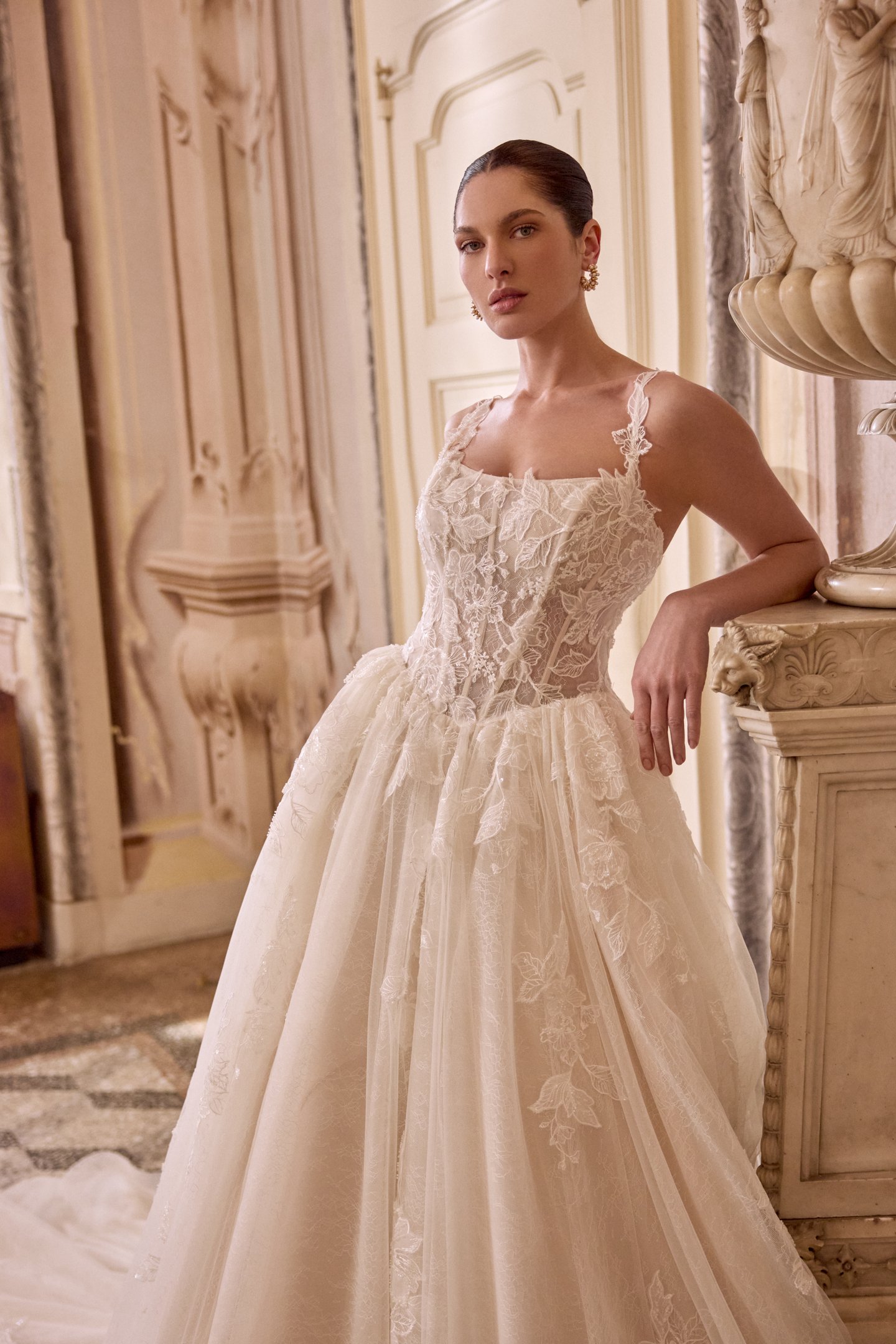 Justin Alexander Style 88487 LAURA Sparkling Lace Ball Gown with Basque Waistline and Pockets