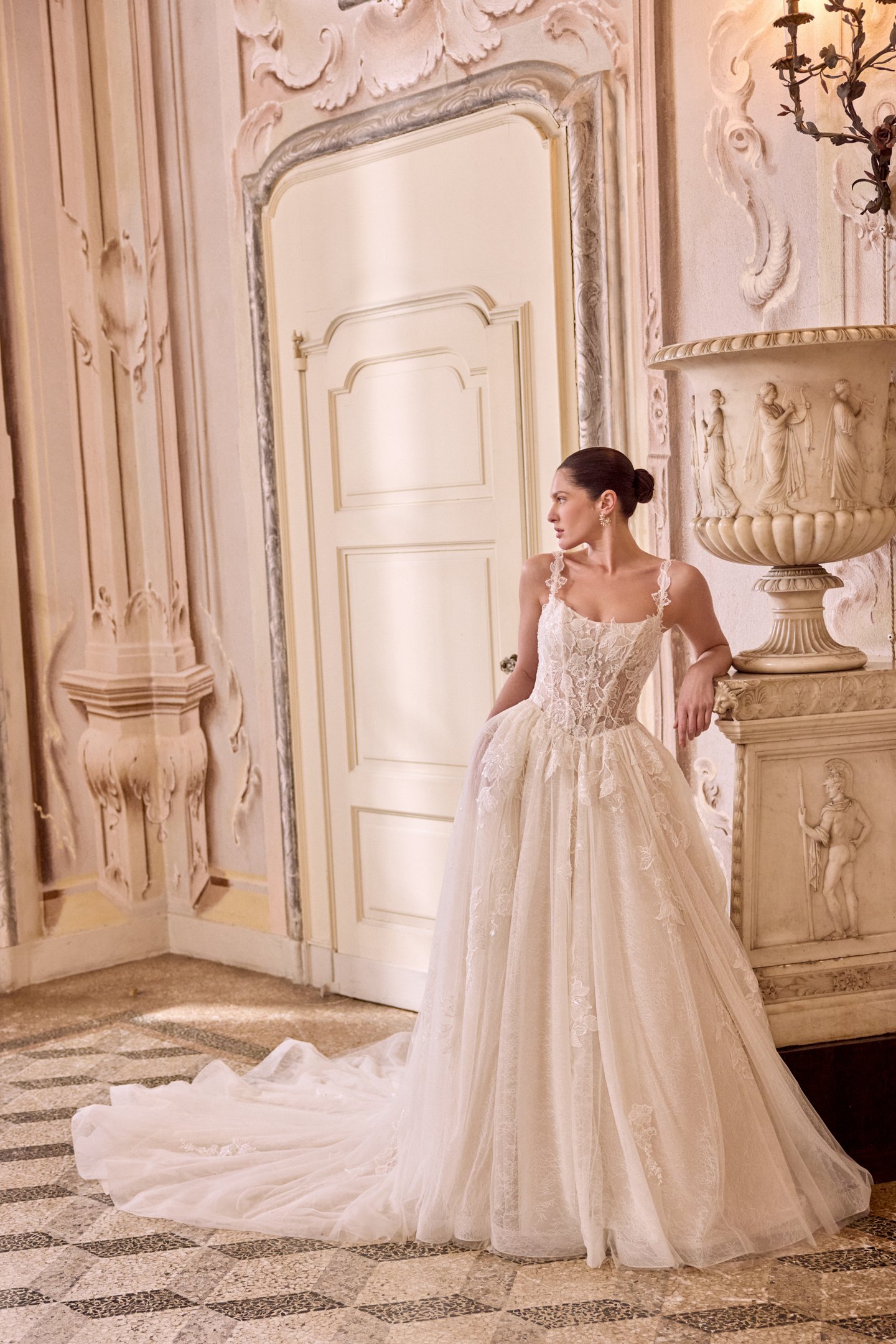 Justin Alexander Style 88487 LAURA Sparkling Lace Ball Gown with Basque Waistline and Pockets