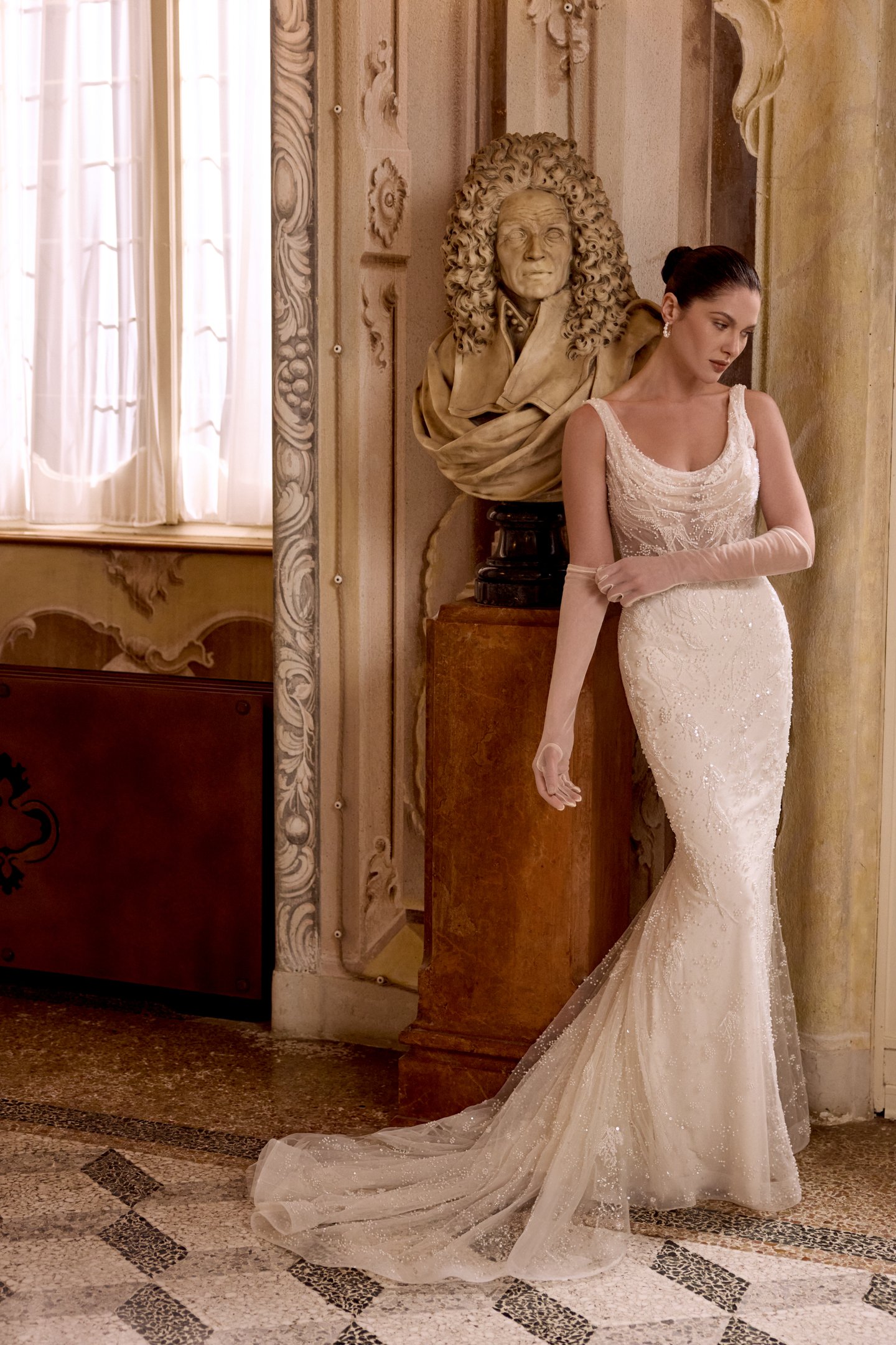 Justin Alexander Style 88488 LIANA Allover Beaded Fit and Flare Gown with Draped Neckline & Sheer Bodice