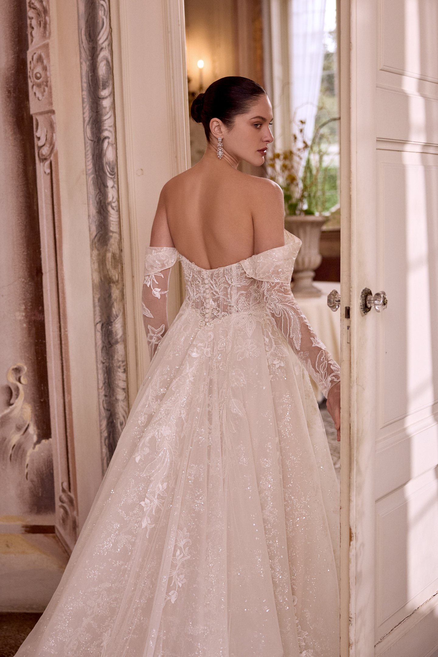 Justin Alexander Style 88489 LEILANI Sparkling Tulle Ball Gown with Plunging Neck & Off-the-Shoulder Straps