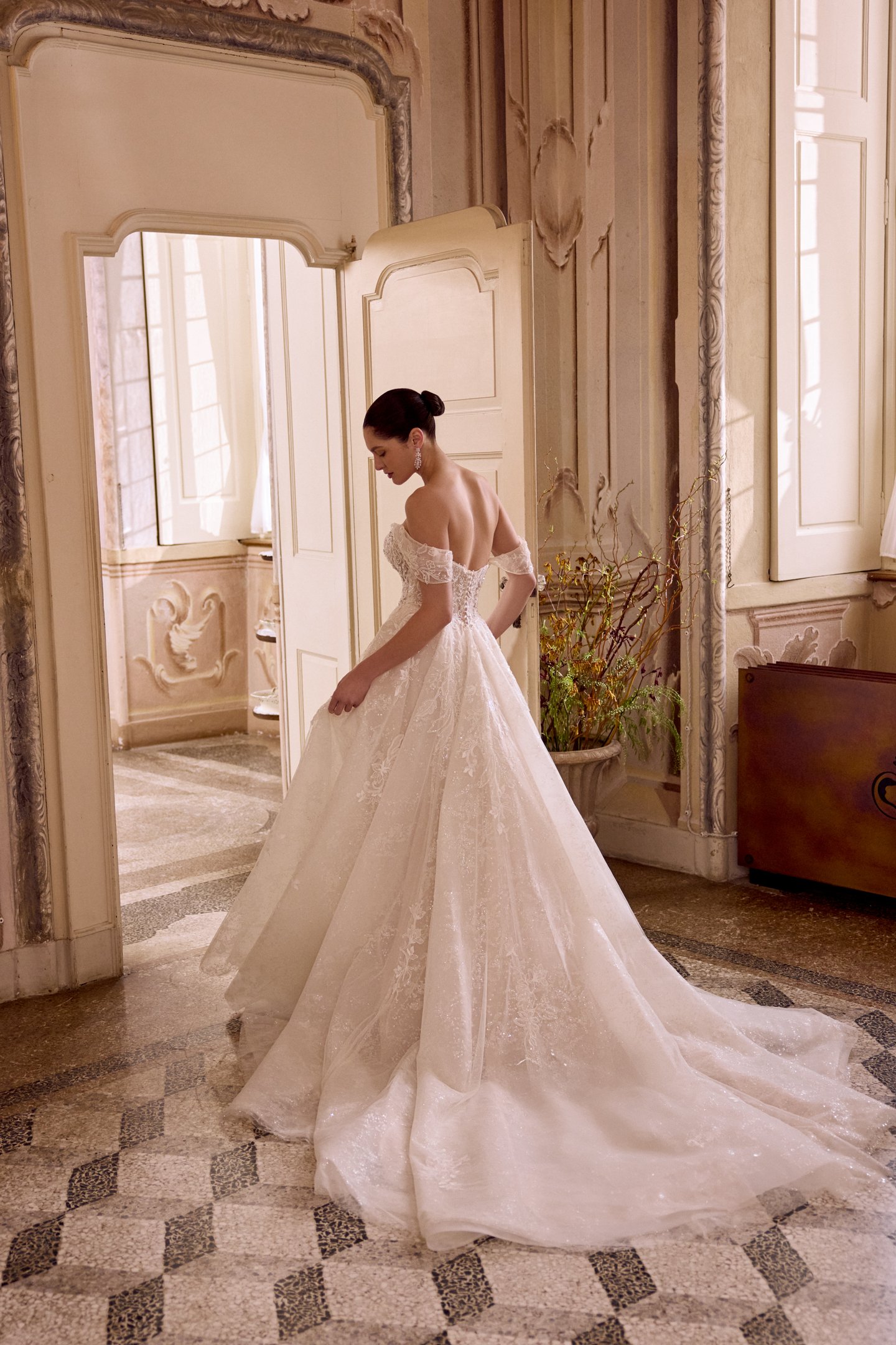 Justin Alexander Style 88489 LEILANI Sparkling Tulle Ball Gown with Plunging Neck & Off-the-Shoulder Straps