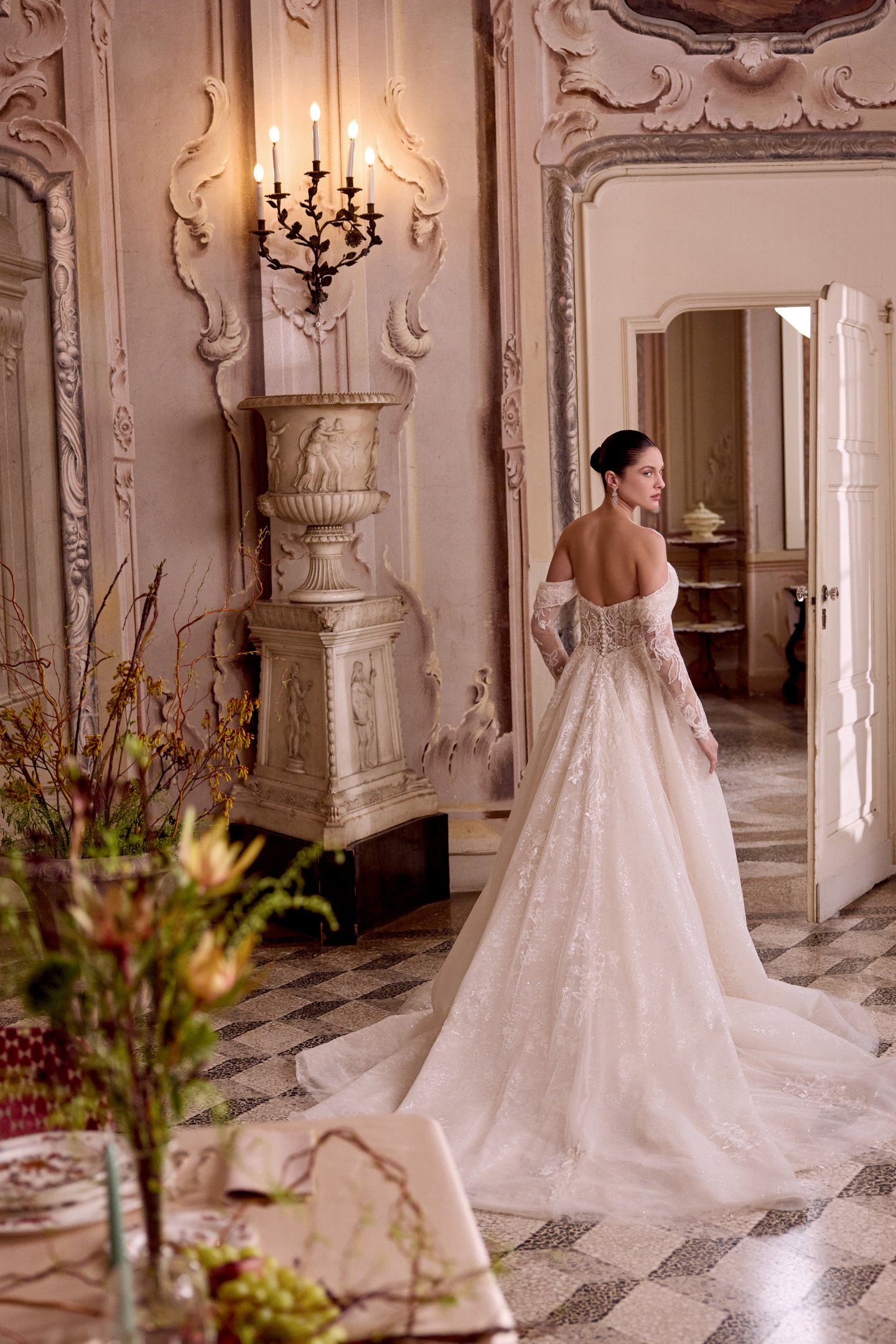 Justin Alexander Style 88489 LEILANI Sparkling Tulle Ball Gown with Plunging Neck & Off-the-Shoulder Straps