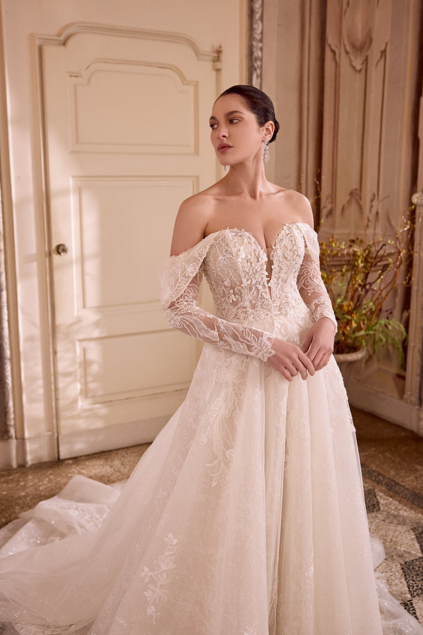 Justin Alexander Style 88489 LEILANI Sparkling Tulle Ball Gown with Plunging Neck & Off-the-Shoulder Straps
