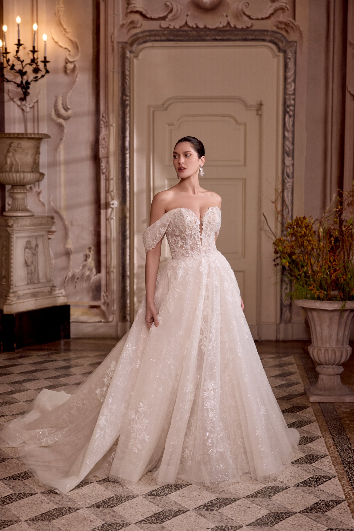Justin Alexander Style 88489 LEILANI Sparkling Tulle Ball Gown with Plunging Neck & Off-the-Shoulder Straps