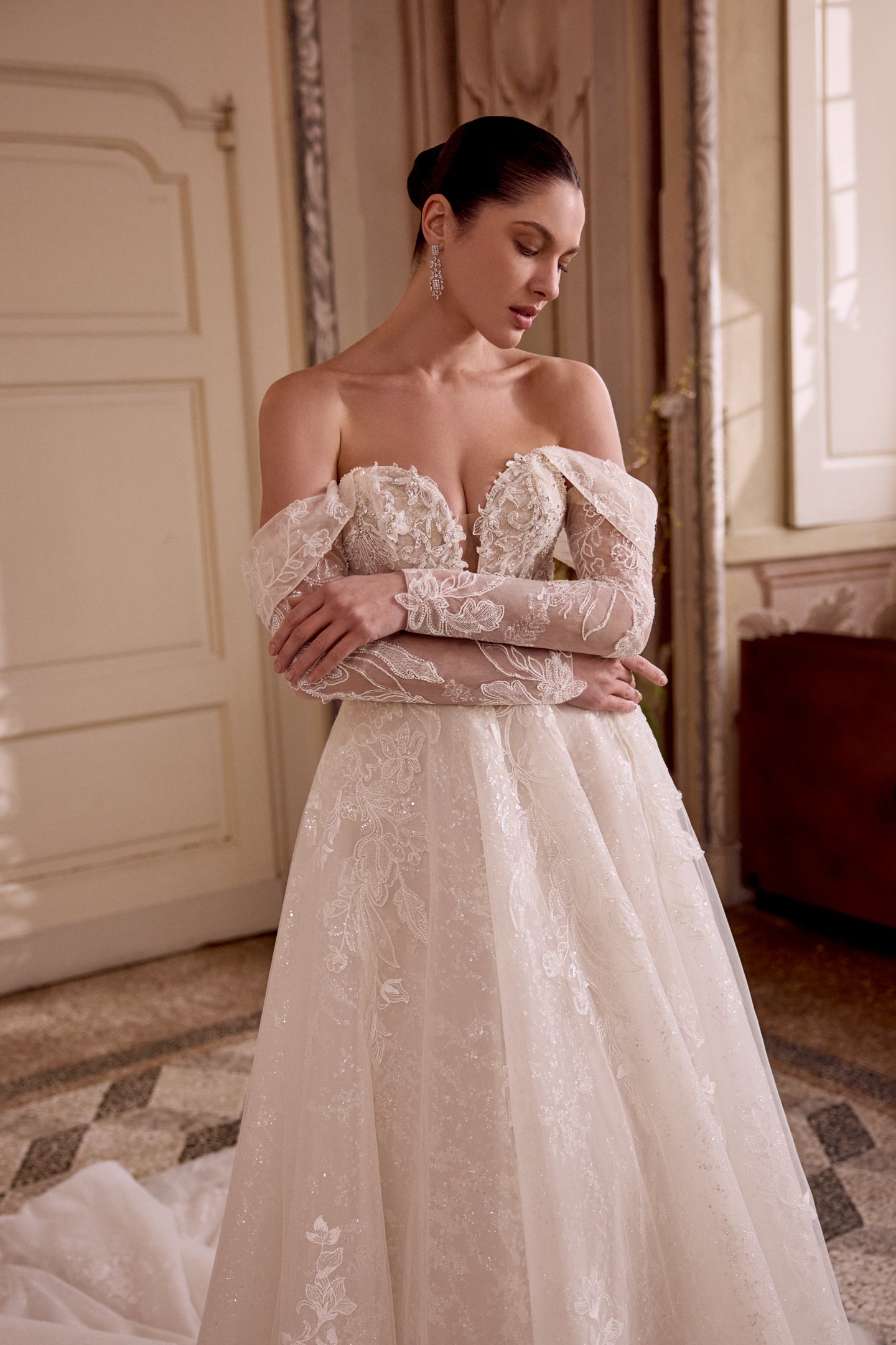 Justin Alexander Style 88489 LEILANI Sparkling Tulle Ball Gown with Plunging Neck & Off-the-Shoulder Straps