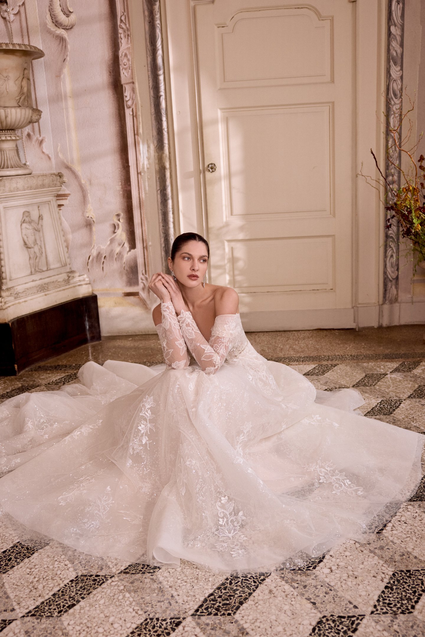 Justin Alexander Style 88489 LEILANI Sparkling Tulle Ball Gown with Plunging Neck & Off-the-Shoulder Straps
